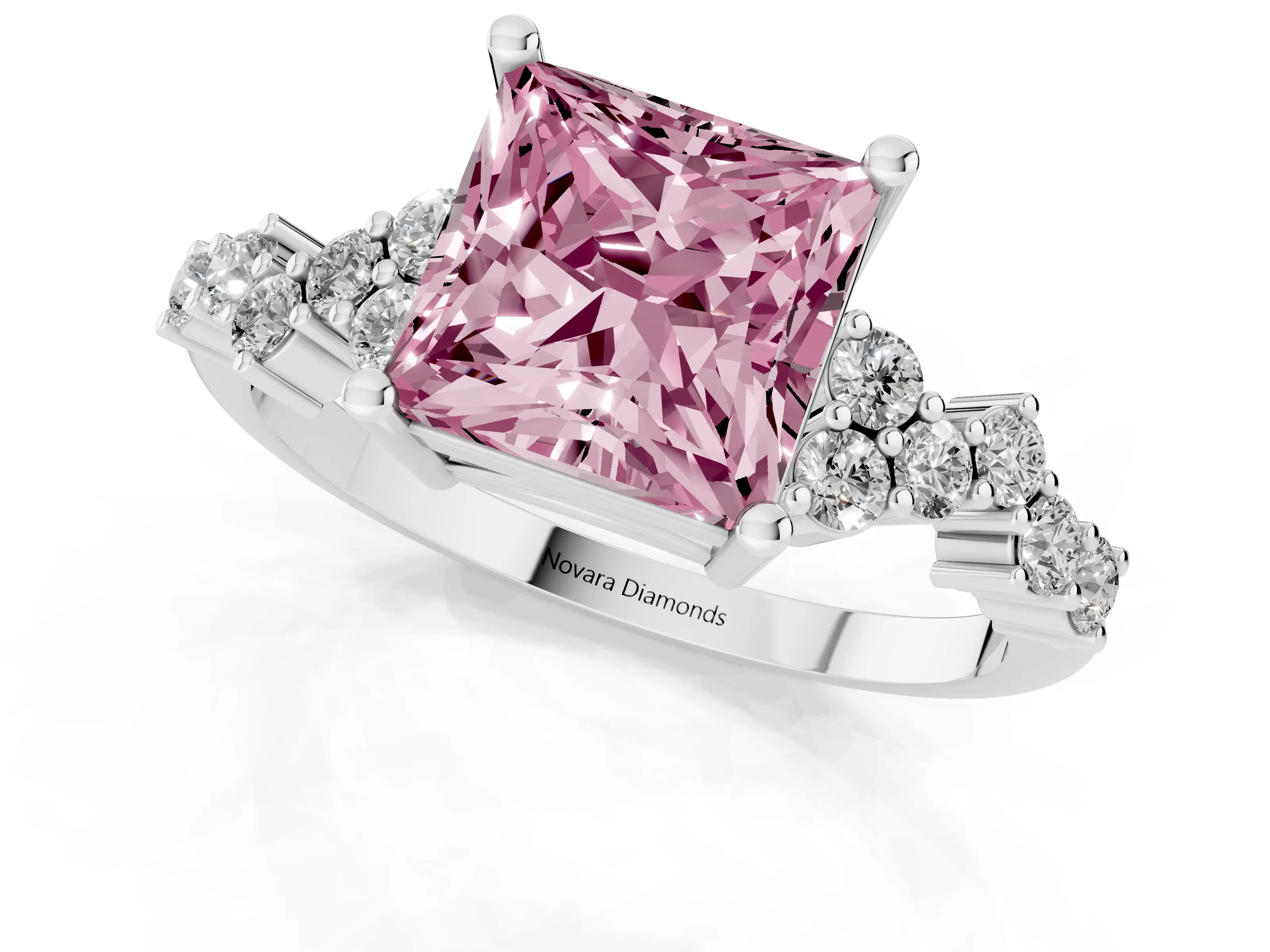 Fancy Pink Princess Cut Diamond Ring Set in White gold with Scattered Round Accents