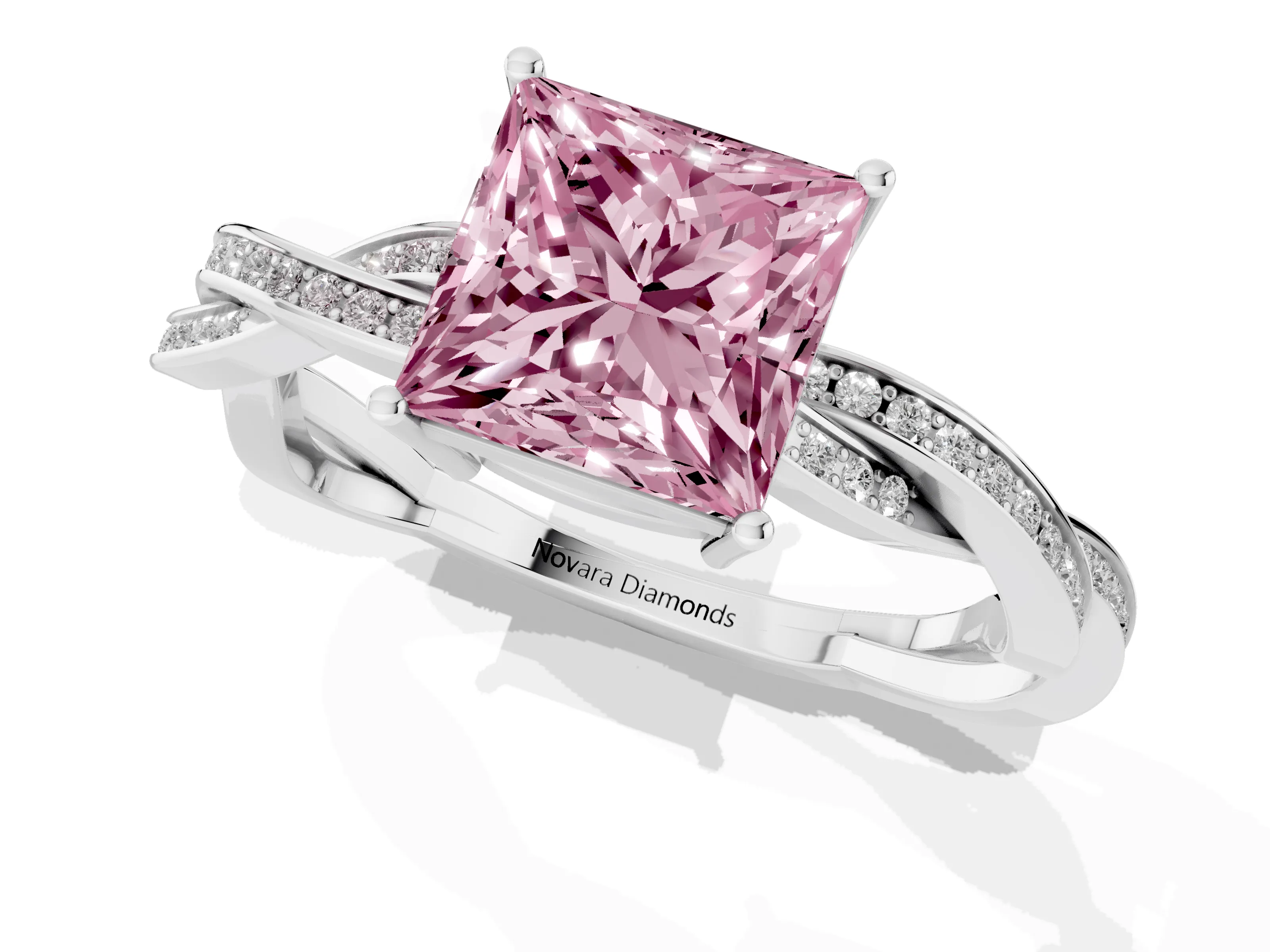 Fancy Pink Princess Cut Diamond Solitaire Twisted Pavé Ring Set in White gold with Prong Setting