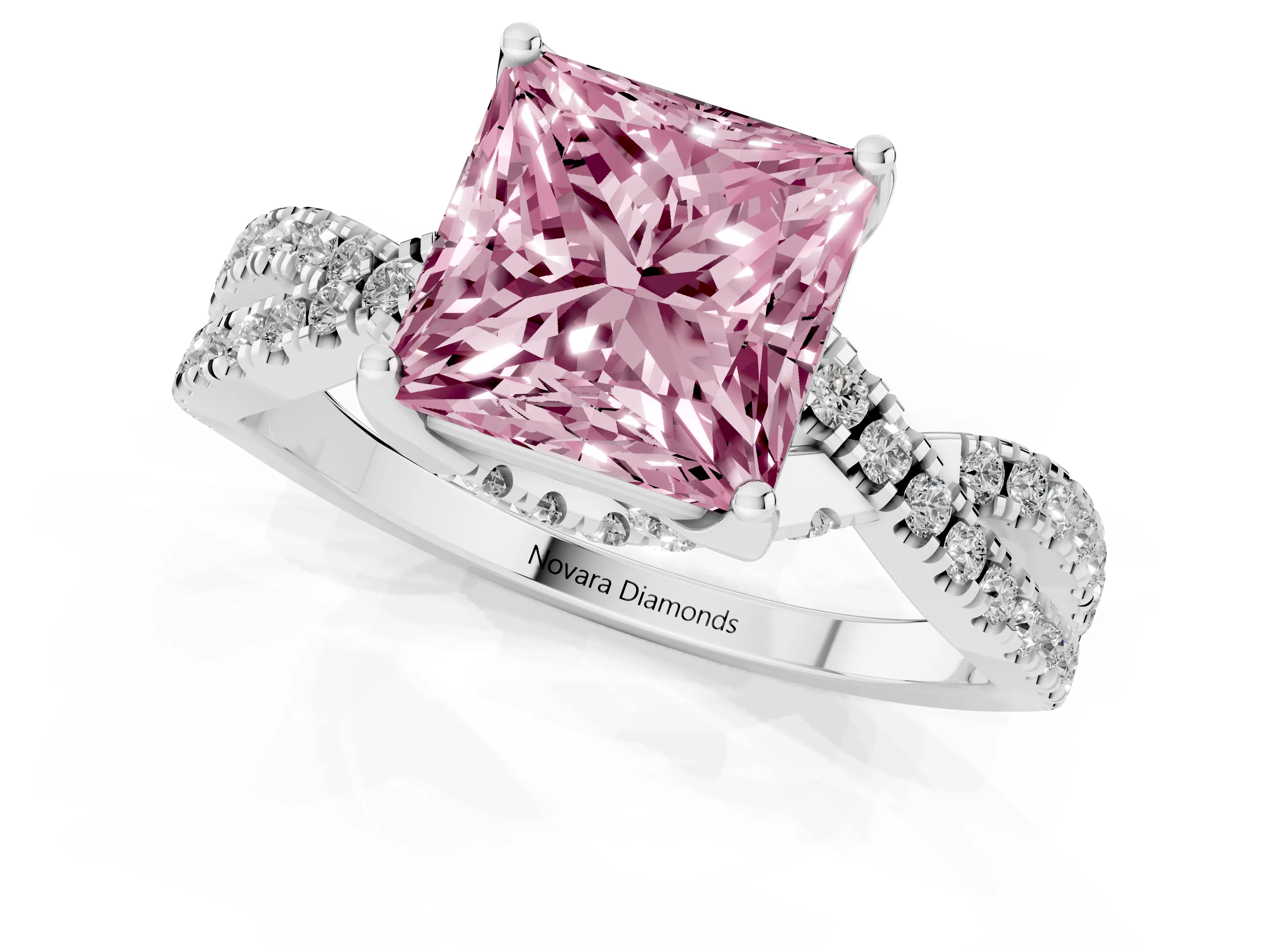 Fancy Pink Princess Cut Diamond Twist Pavé Solitaire Engagement Ring Set in Silver with Prong Setting