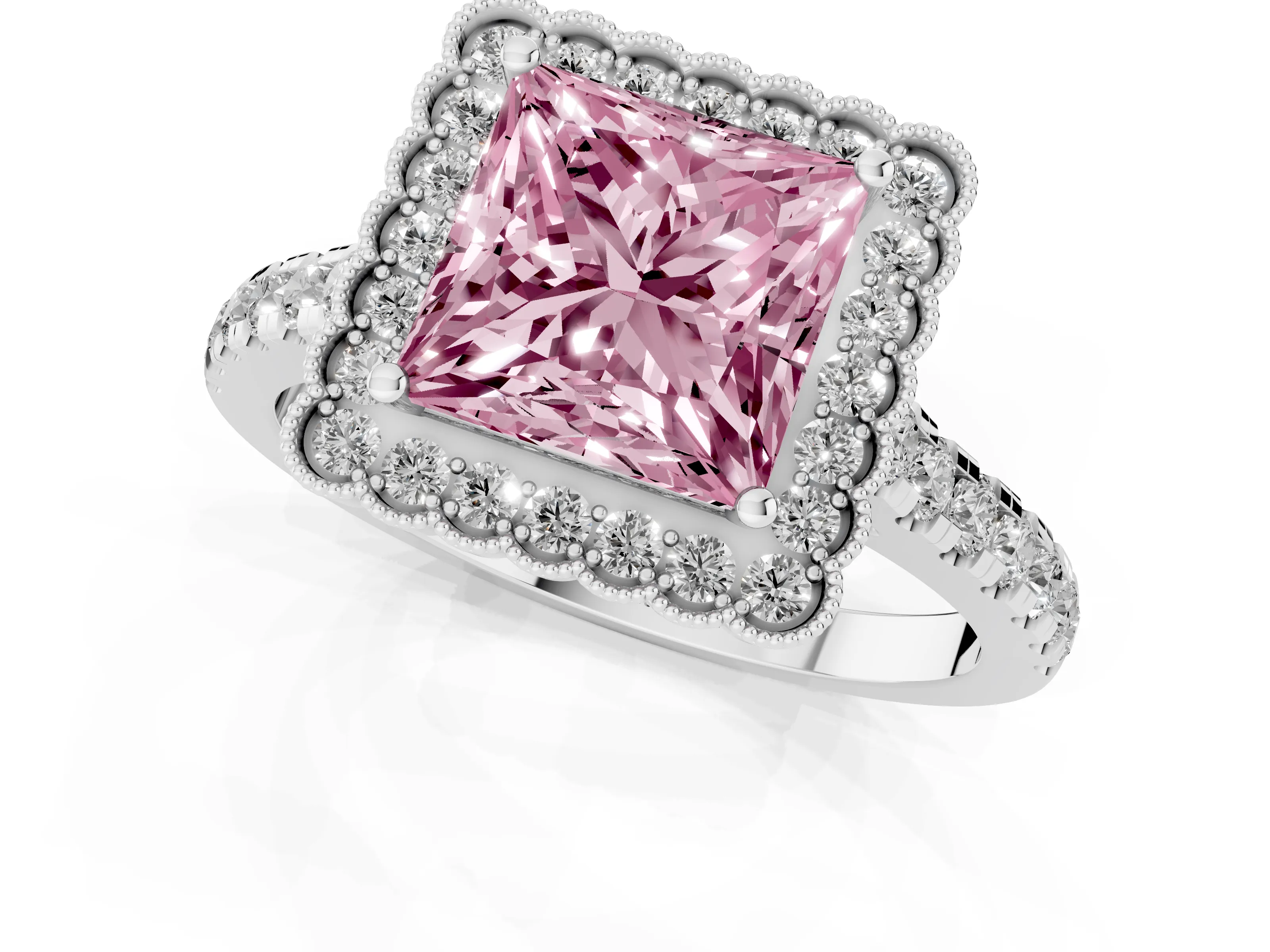 Fancy Pink Princess Cut Diamond Milgrain Floral Halo Engagement Ring Set in White gold with Pavé Band