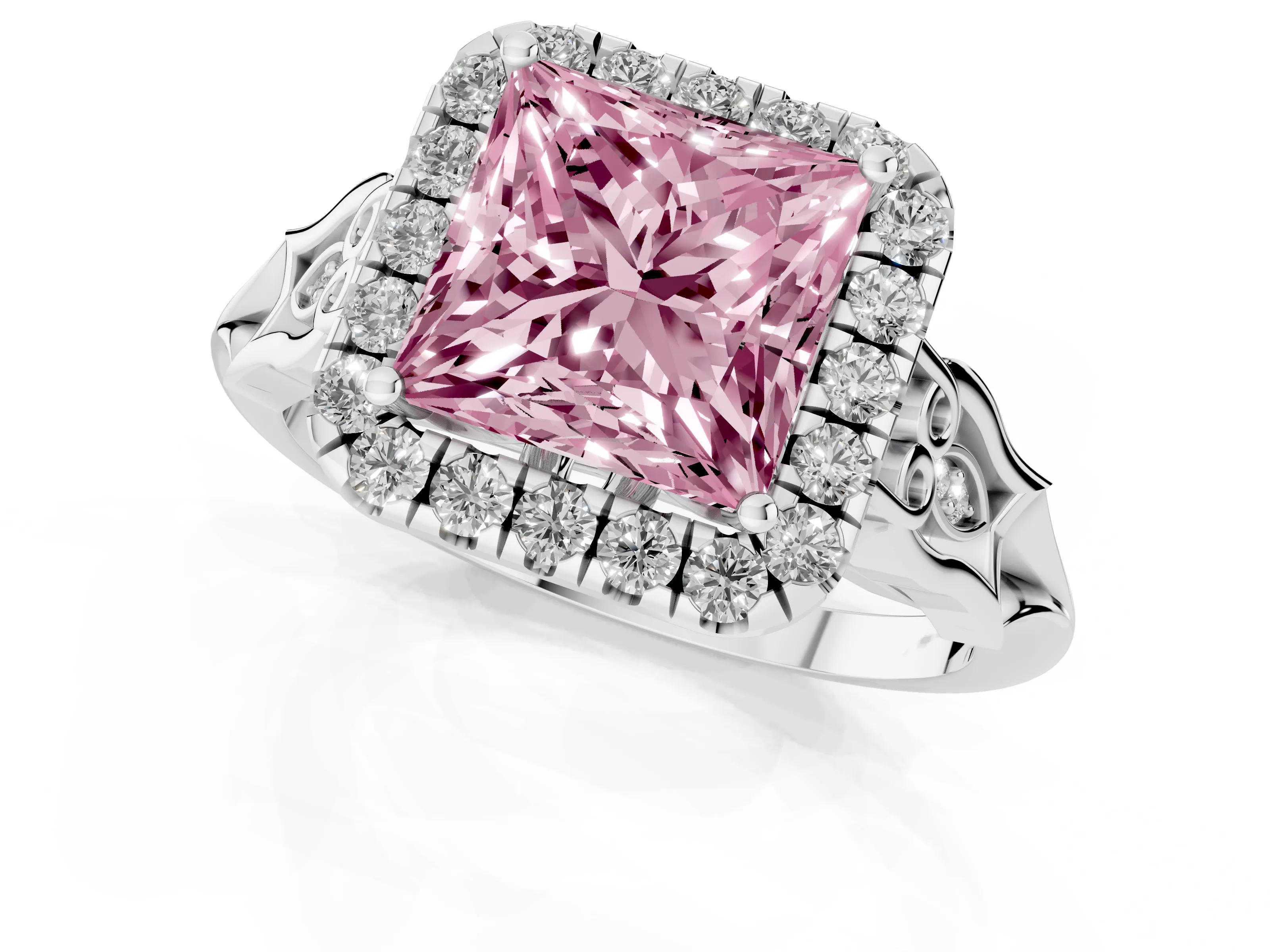 Fancy Pink Princess Cut Diamond Halo Engagement Ring Set in White gold with Filigree Band and Prong-Set Center