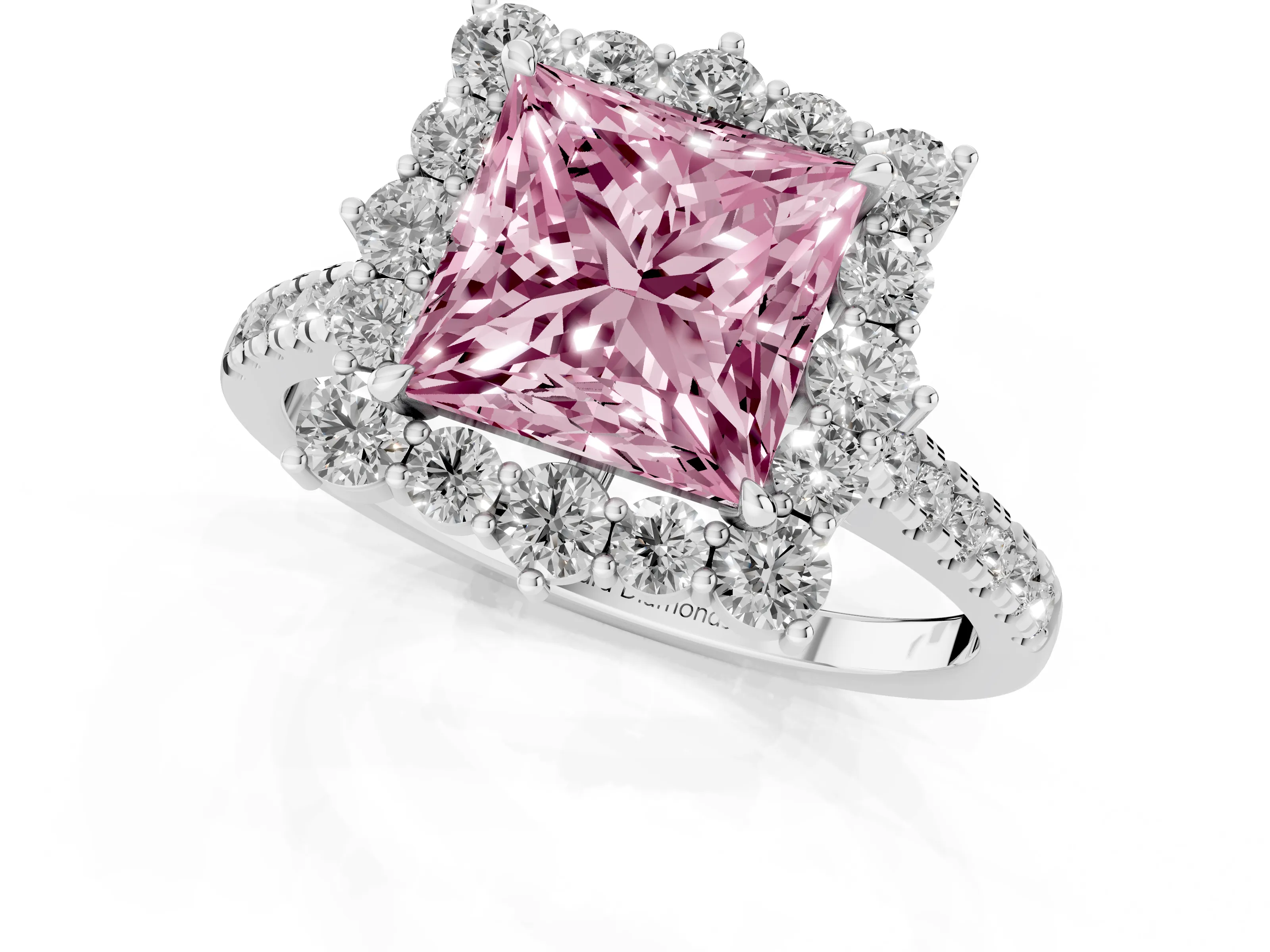 Fancy Pink Princess Cut Diamond Halo Ring Set in Silver with Pavé Band and Prong Setting