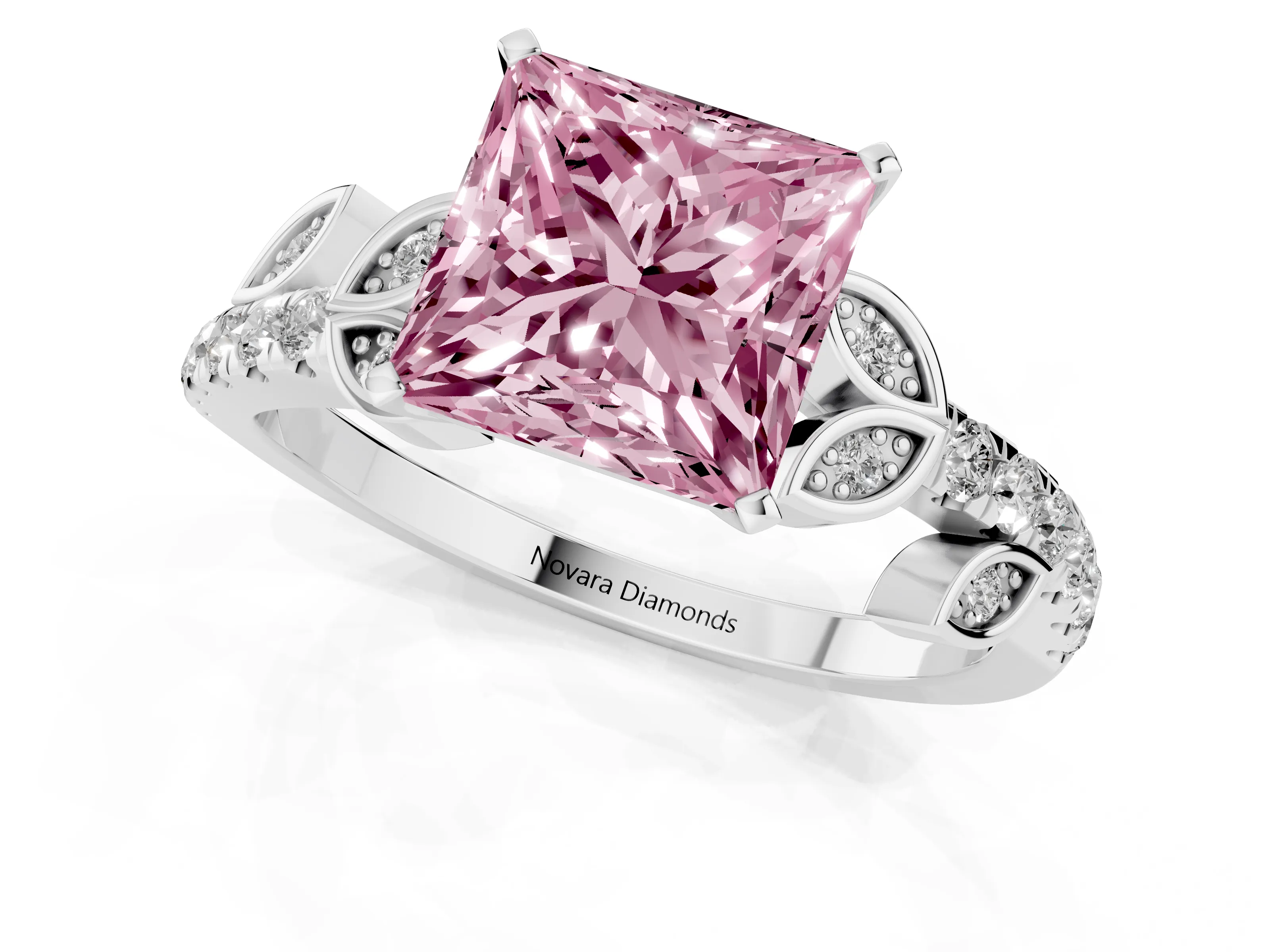Fancy Pink Princess Cut Diamond Solitaire Leaf-Inspired Ring Set in White gold with Pavé Band and Prong Setting