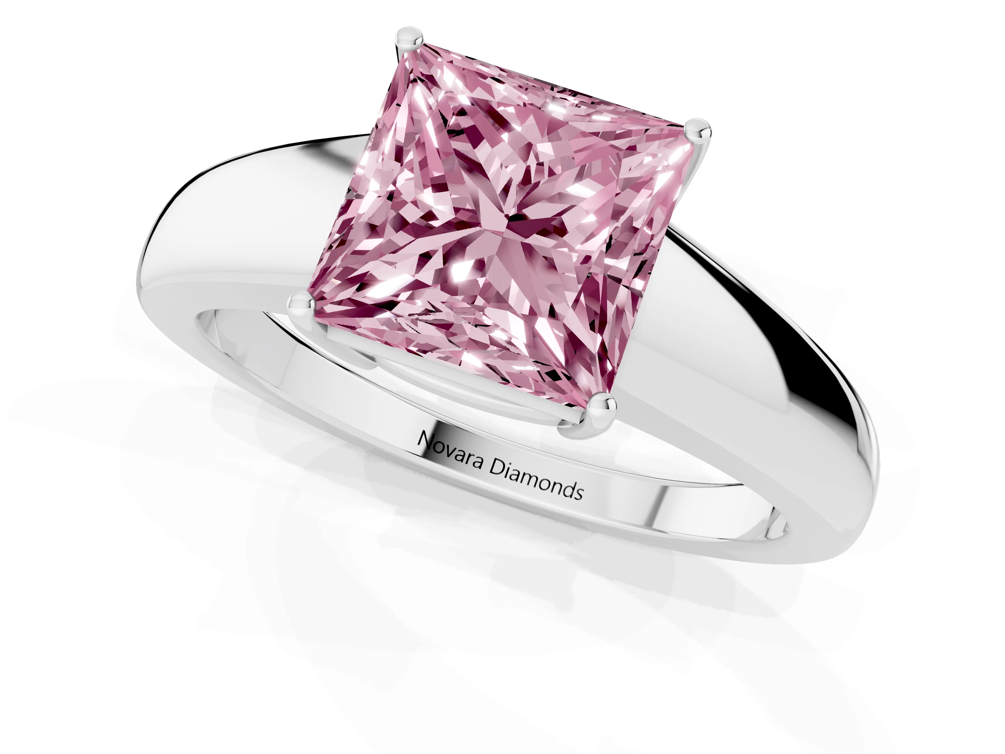 Fancy Pink Princess Cut Diamond Solitaire Ring Set in White gold with Tapered Band and Prong Setting