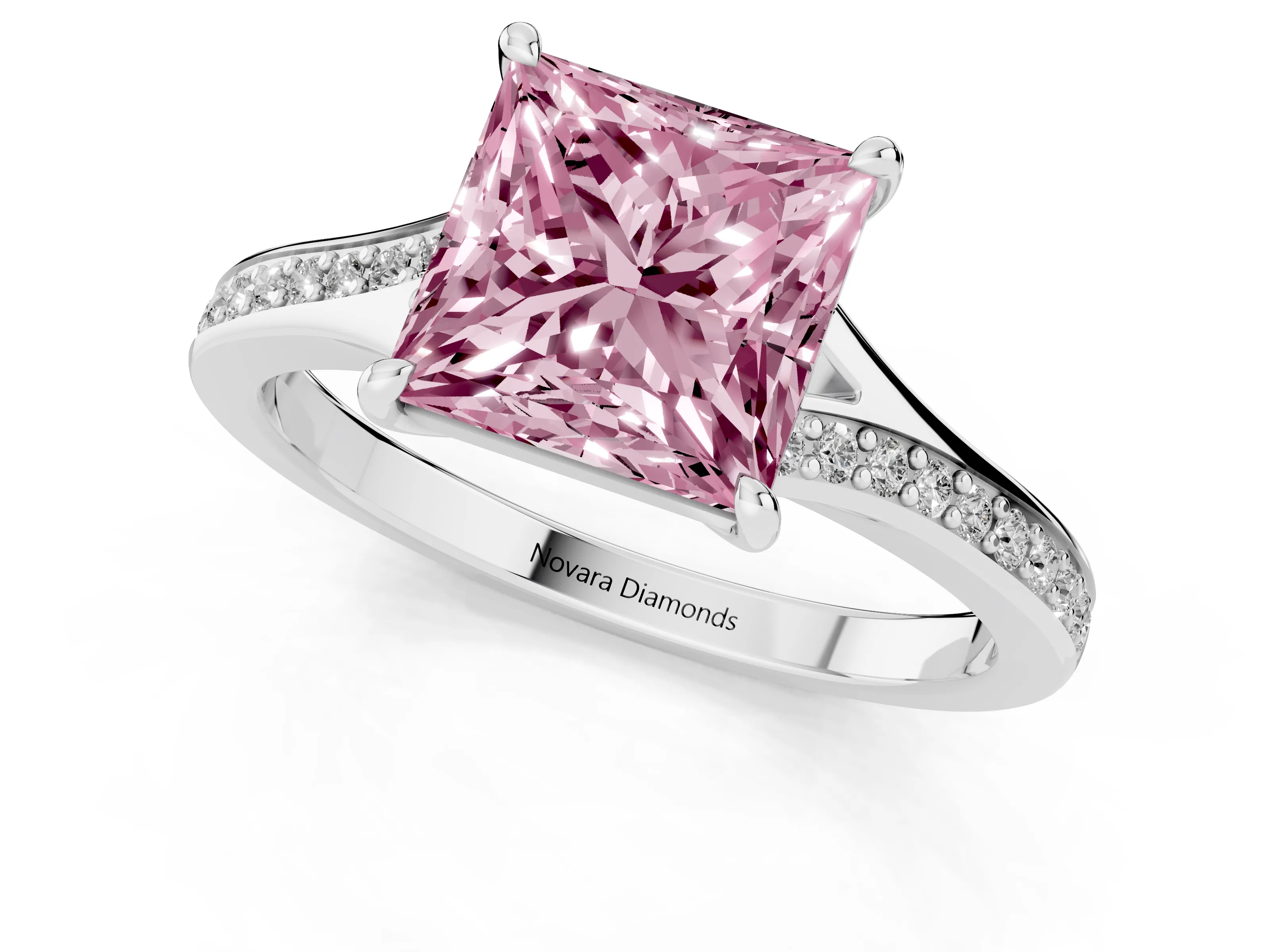 Fancy Pink Princess Cut Diamond Solitaire Ring Set in Platinum with Pavé Accent Band and Classic Prong Setting