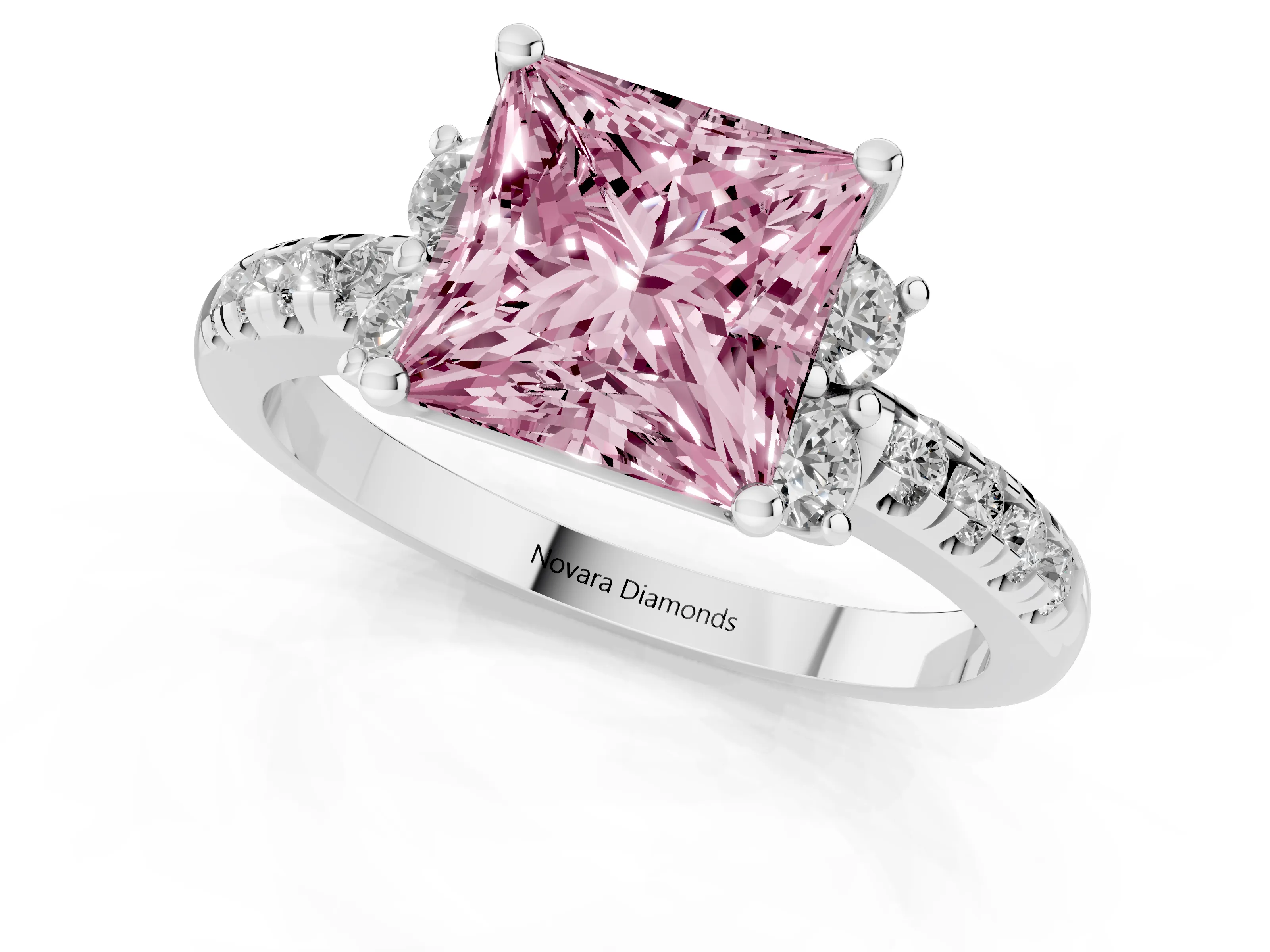 Fancy Pink Princess Cut Diamond Three-Stone Pavé Ring Set in Silver with Prong Setting