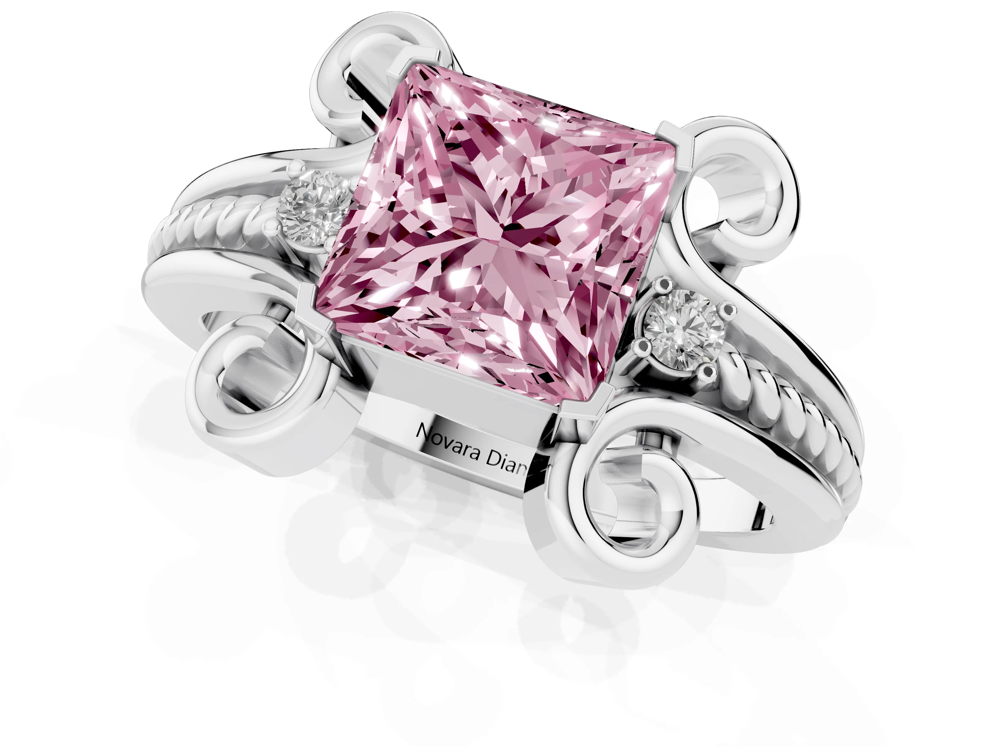 Fancy Pink Princess Cut Diamond Twisted Band Solitaire Ring Set in Platinum with Scroll Prongs
