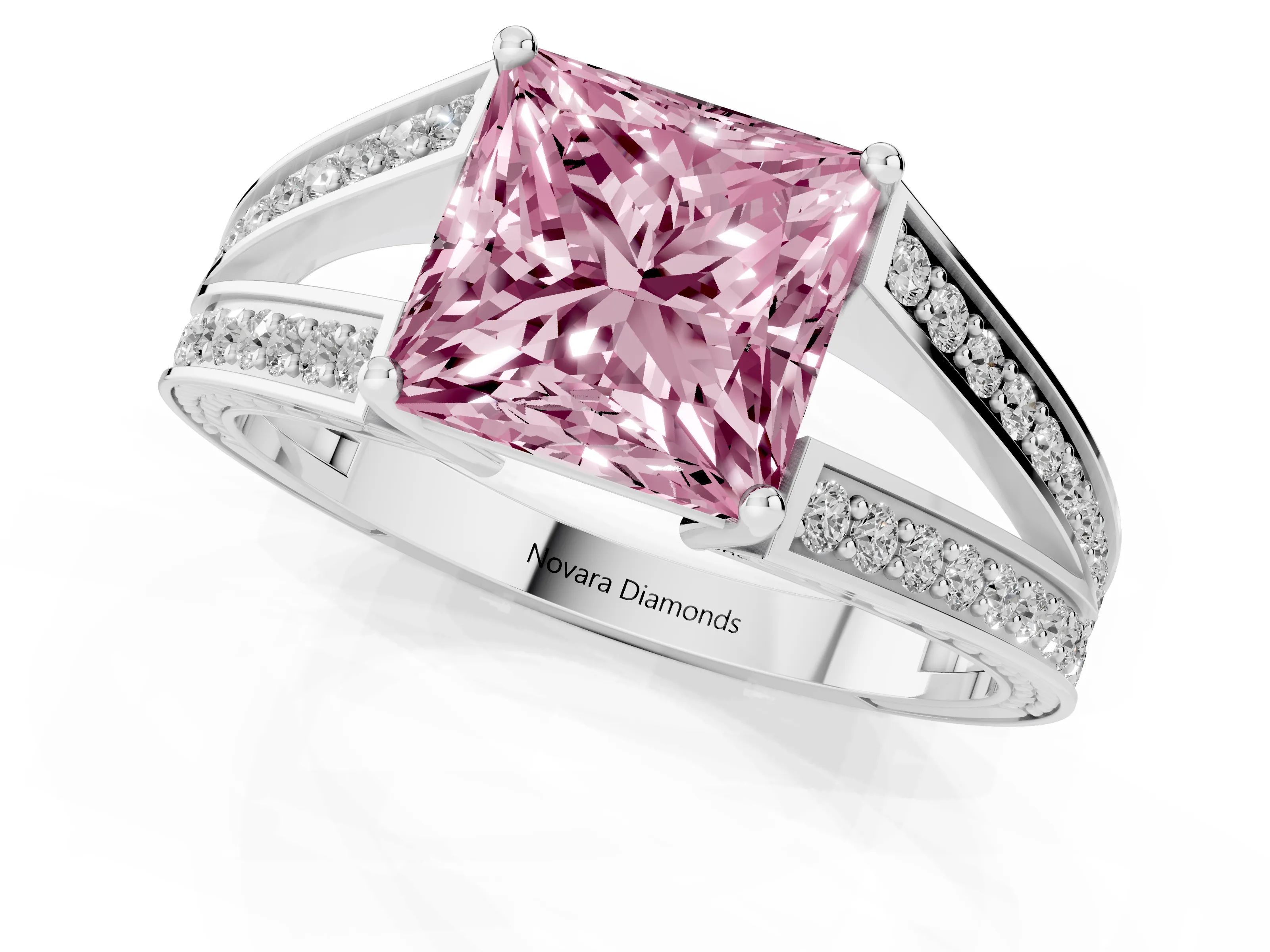 Fancy Pink Princess Cut Diamond Split Shank Ring Set in Silver with Pavé Band and Prong Setting