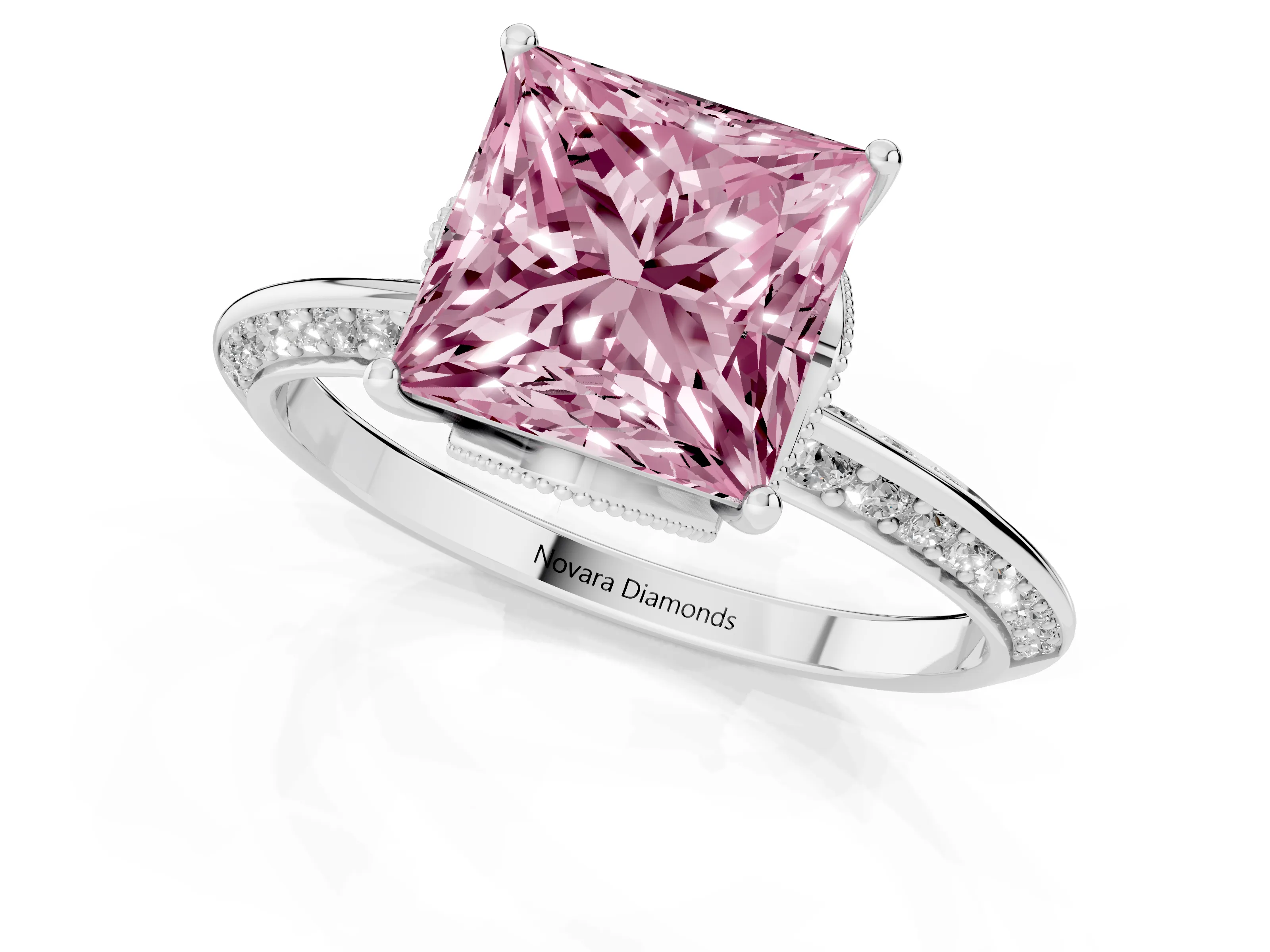 Fancy Pink Princess Cut Diamond Solitaire Engagement Ring Set in White gold with Pavé Split Shank and Prong Setting