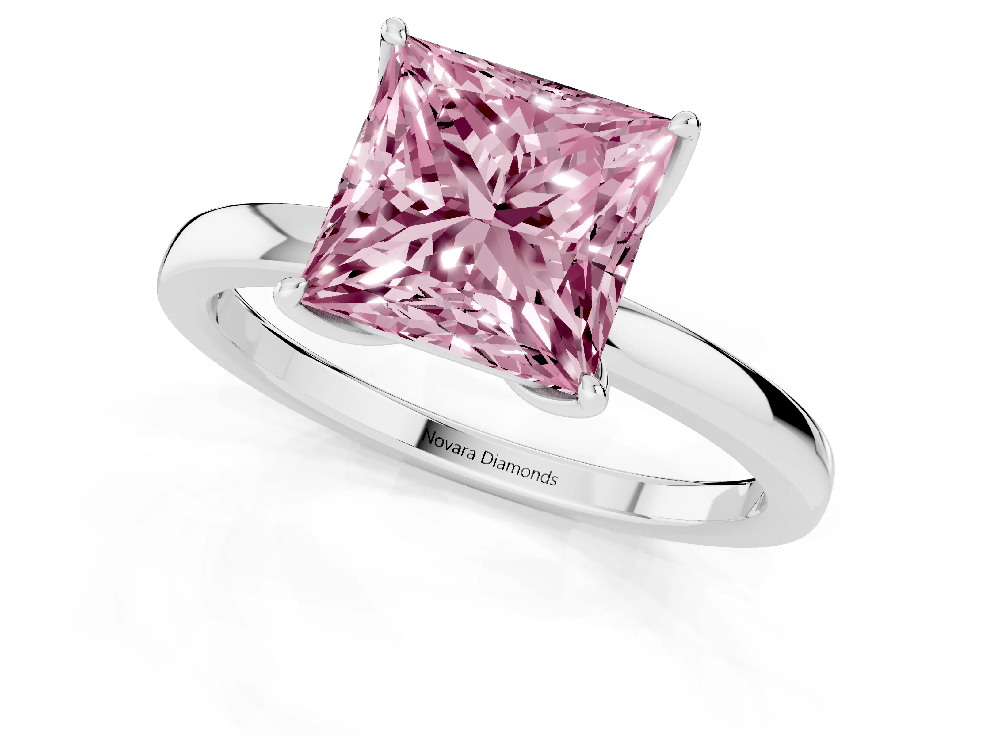 Fancy Pink Princess Cut Diamond Solitaire Ring Set in White gold with Prong Setting and Thin Polished Band