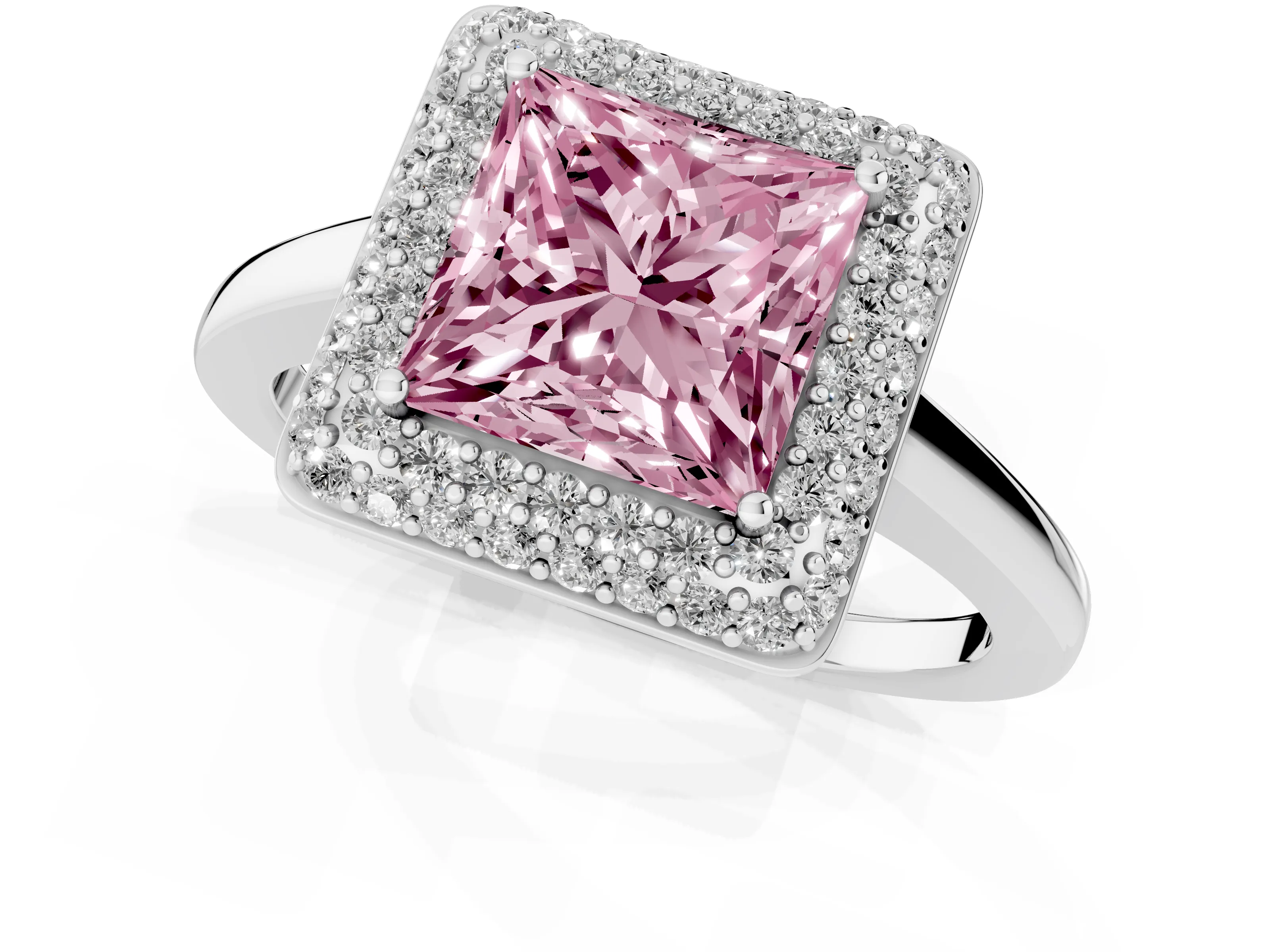Fancy Pink Princess Cut Diamond Halo Engagement Ring Set in White gold with Solitaire Band and Prong Setting