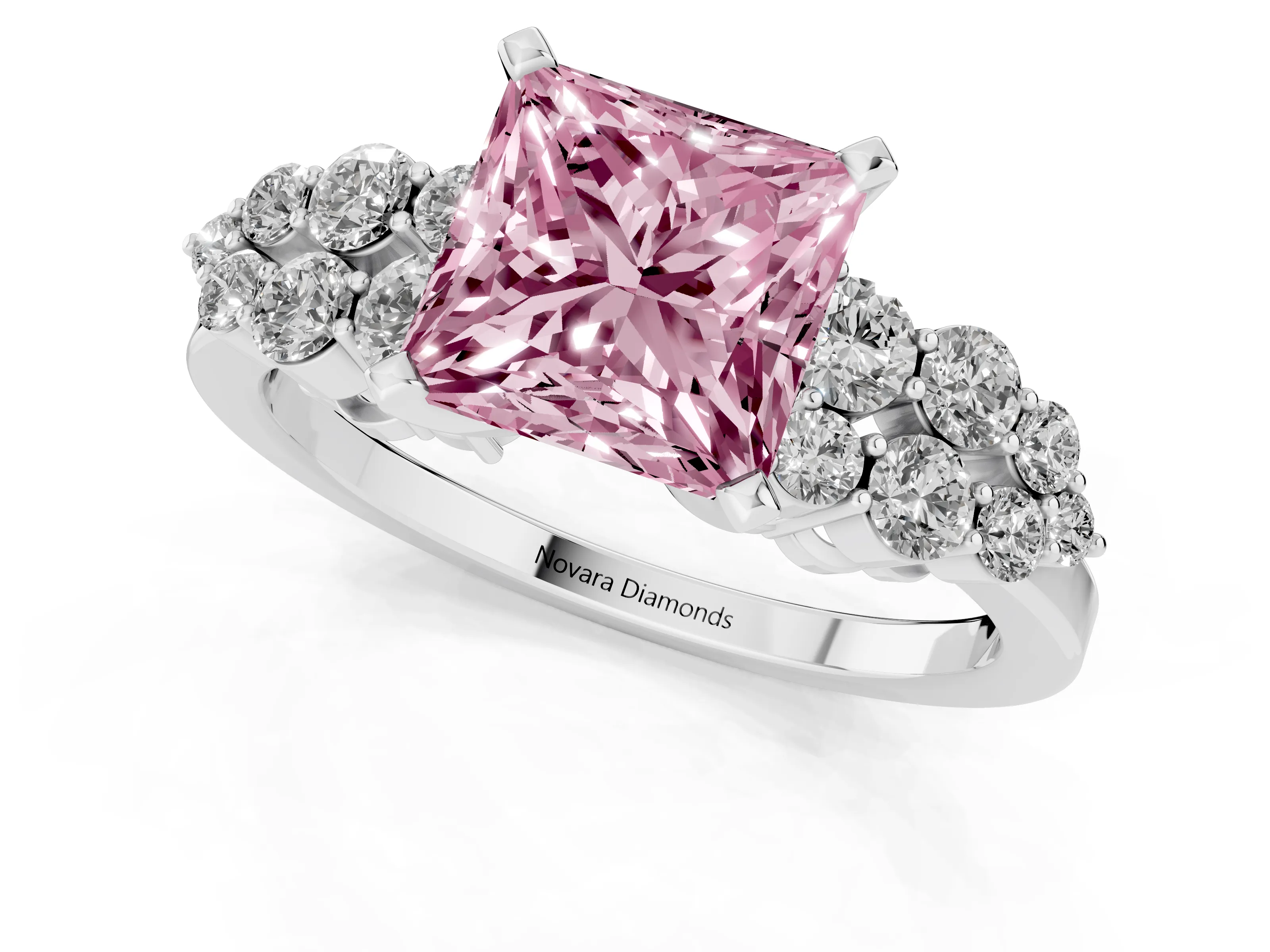 Fancy Pink Princess Cut Diamond Cluster Engagement Ring Set in Platinum with Pavé Band and Prong Setting