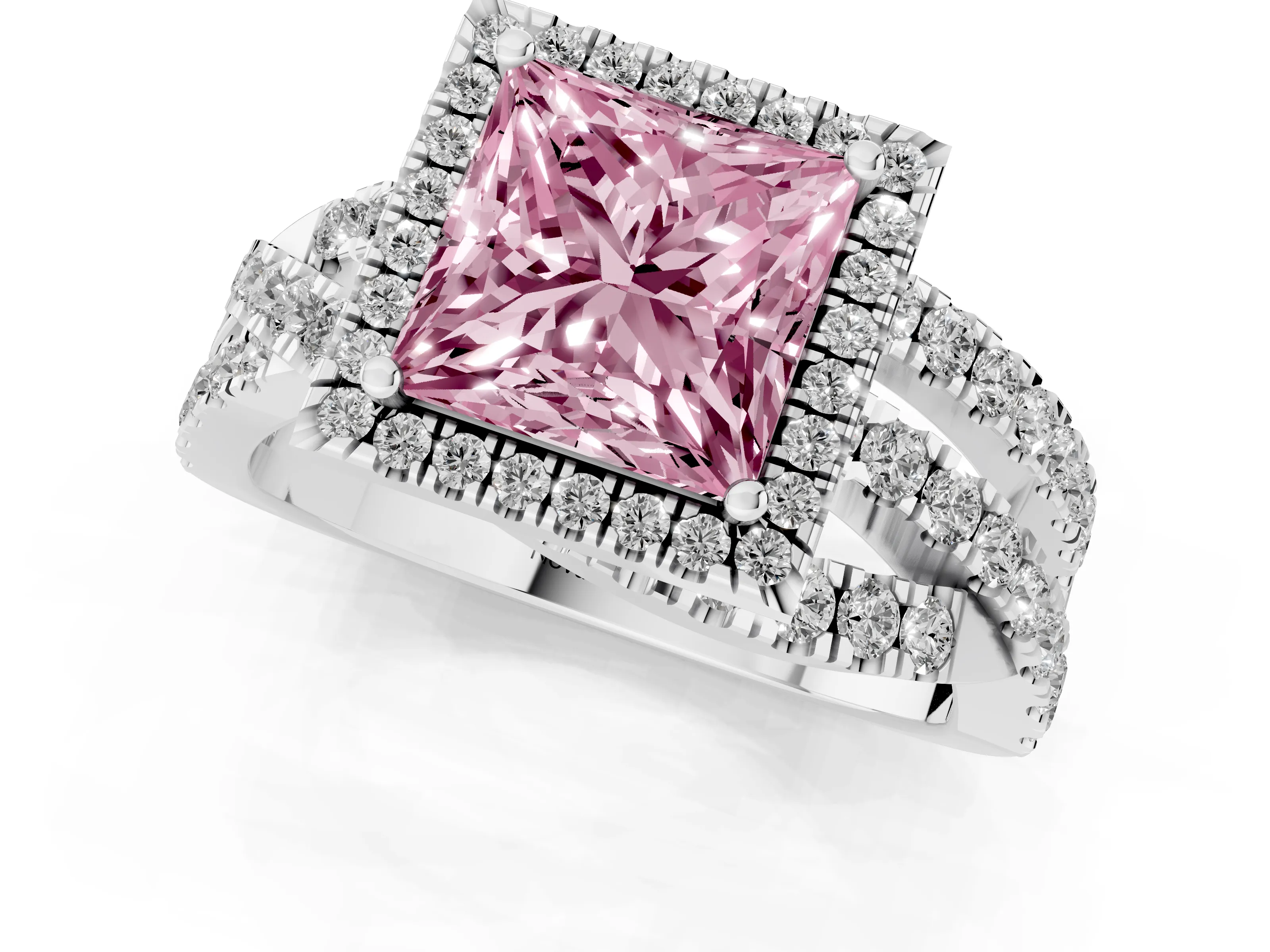 Fancy Pink Princess Cut Diamond Halo Ring Set in Silver with Round Crossover Split Shank and Prong Setting