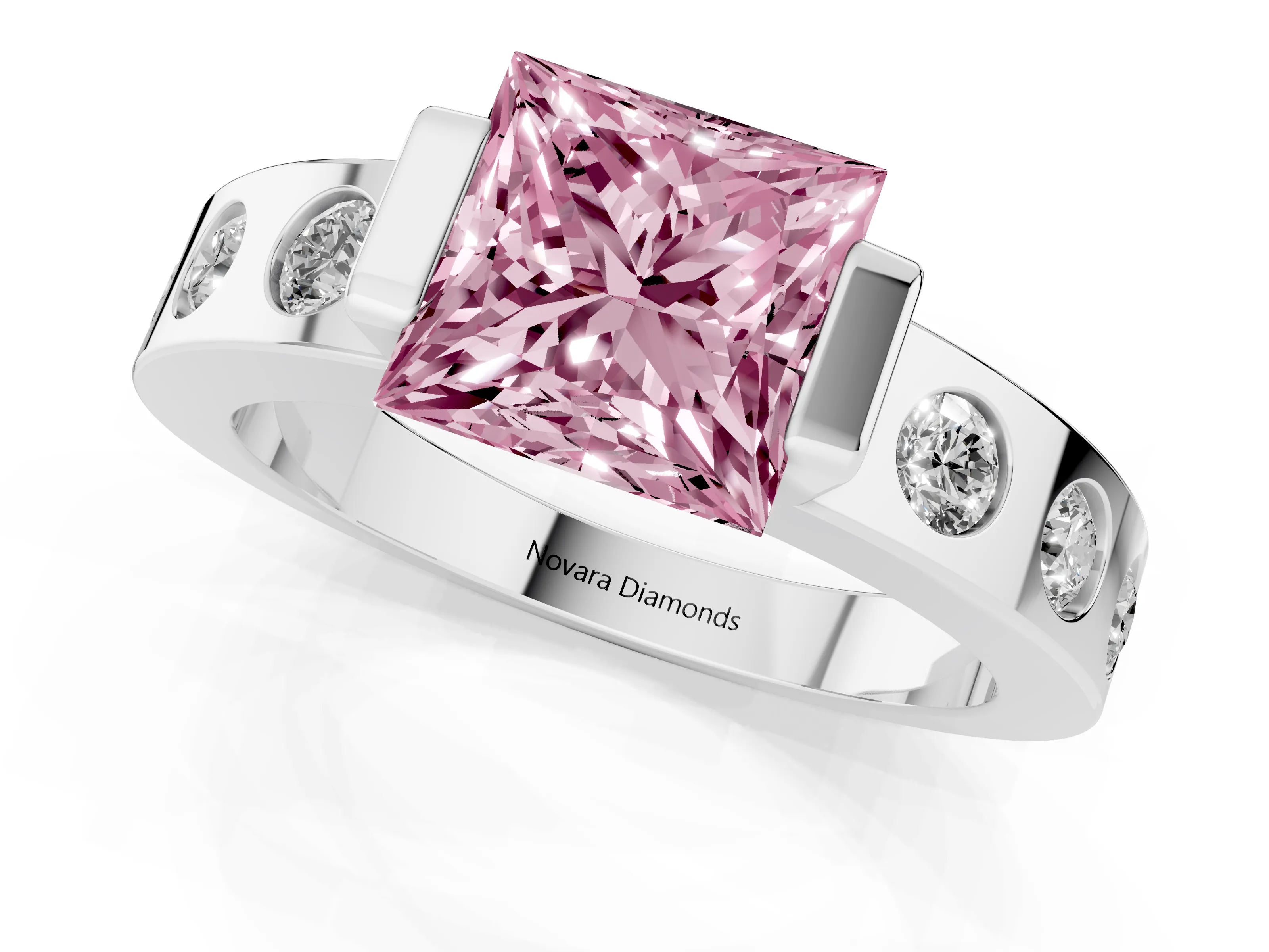 Fancy Pink Princess Cut Diamond Channel-Set Band Ring Set in Platinum with Bezel Prong Setting