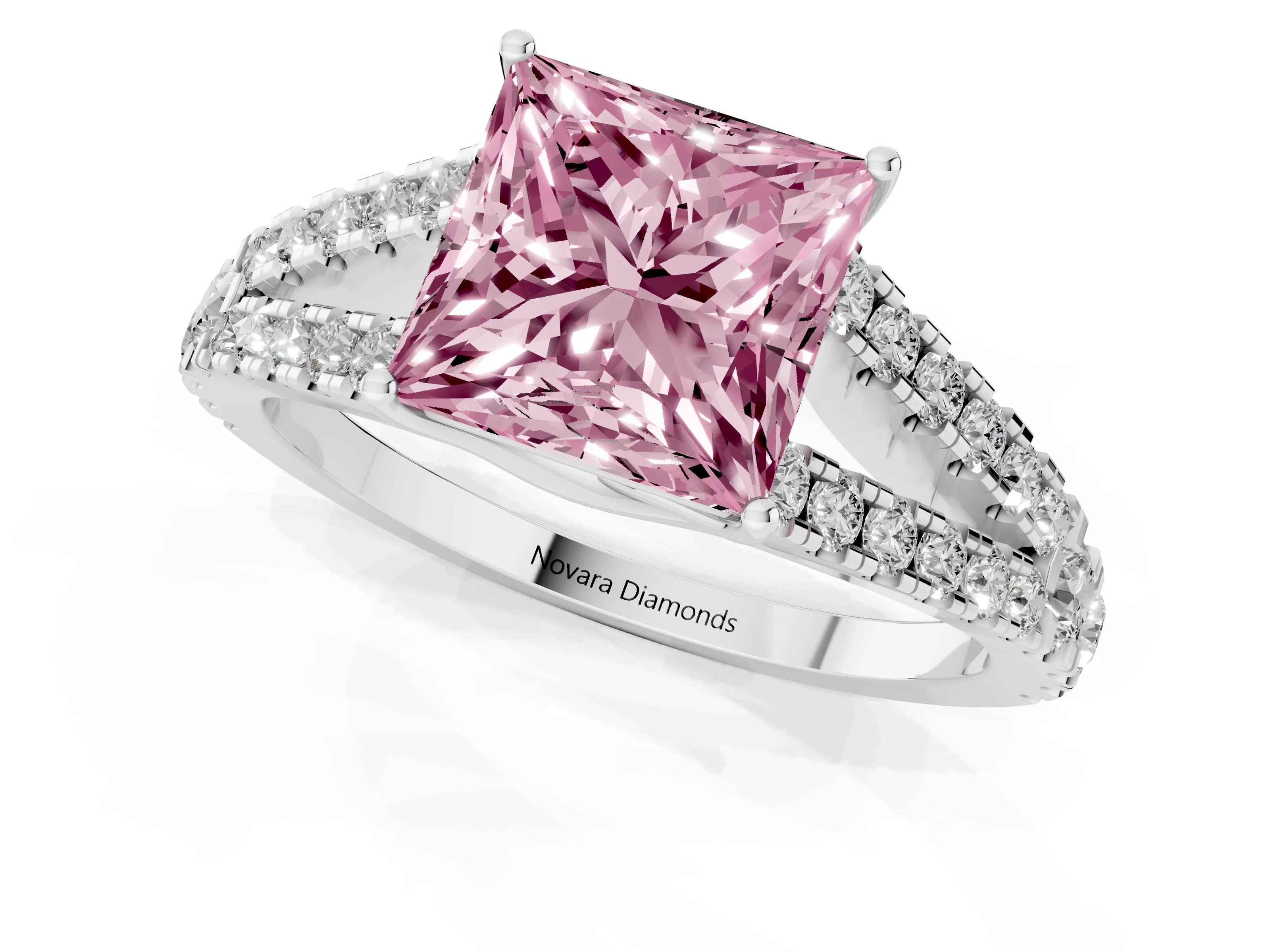 Fancy Pink Princess Cut Diamond Split Shank Pavé Engagement Ring Set in Platinum with Prong-Held Center Stone