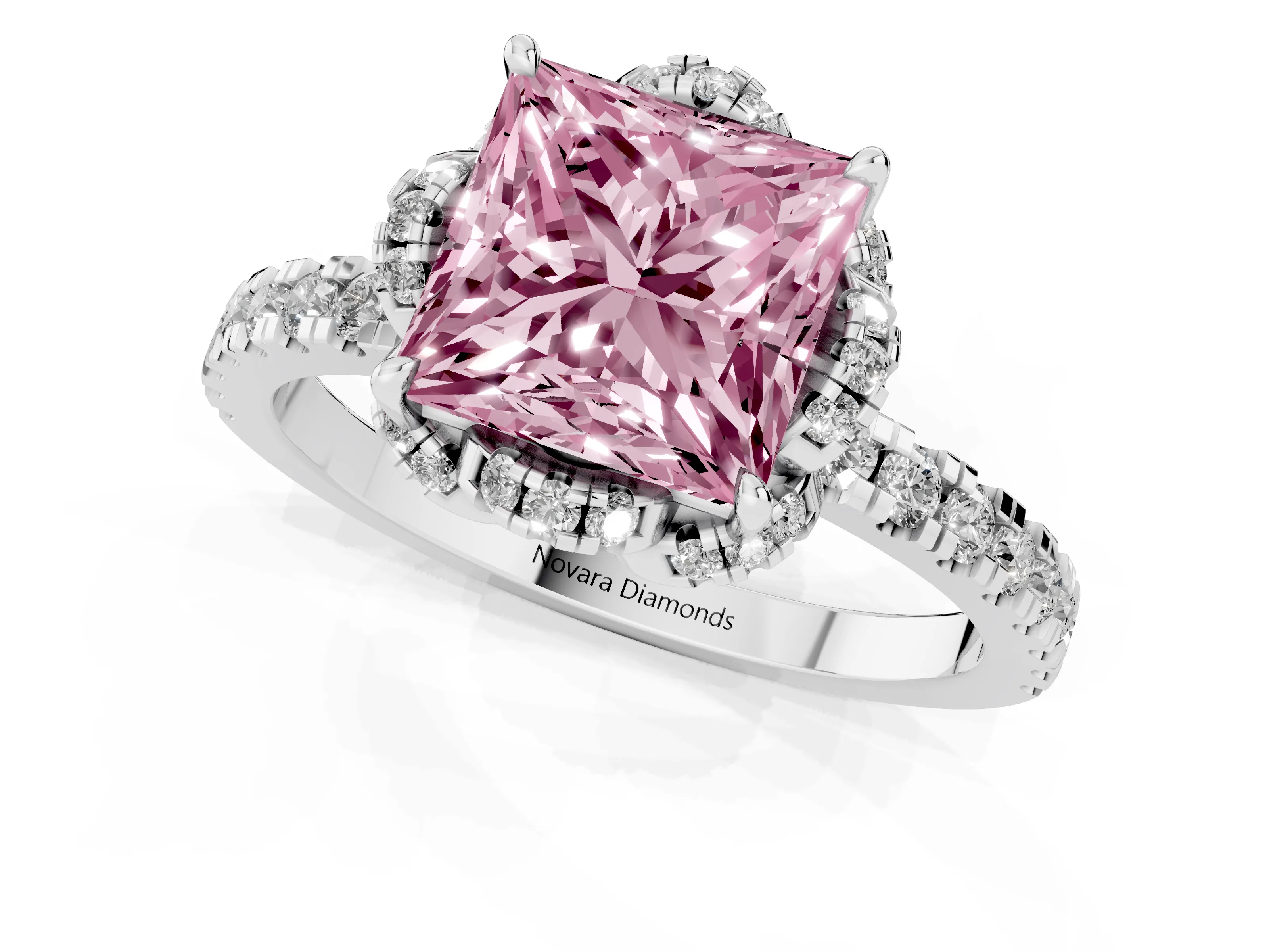 Fancy Pink Princess Cut Diamond Halo Pavé Band Ring Set in Silver with Prong-Held Center