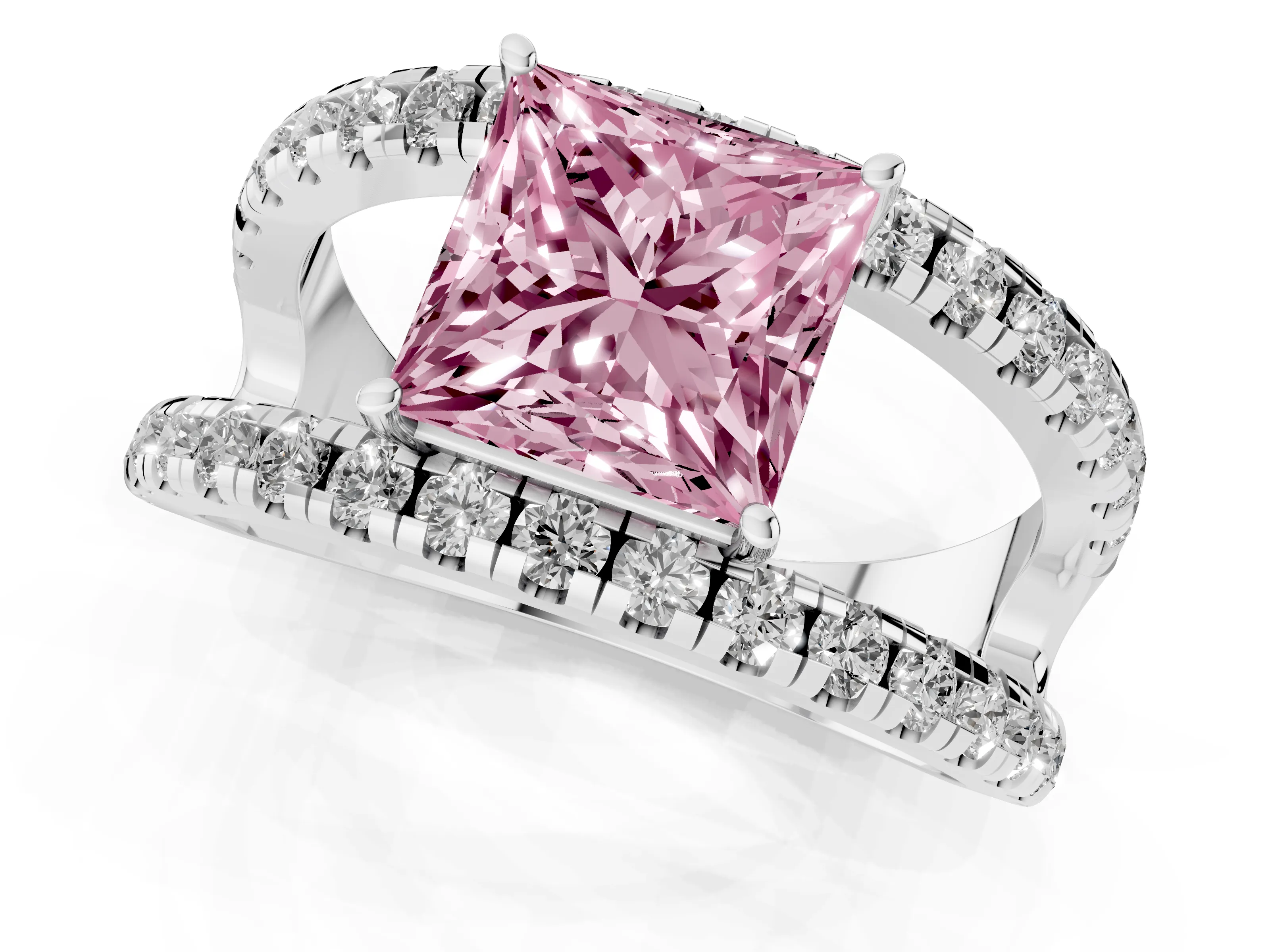 Fancy Pink Princess Cut Diamond Split Shank Pavé Solitaire Ring Set in Platinum with Open Shank Design