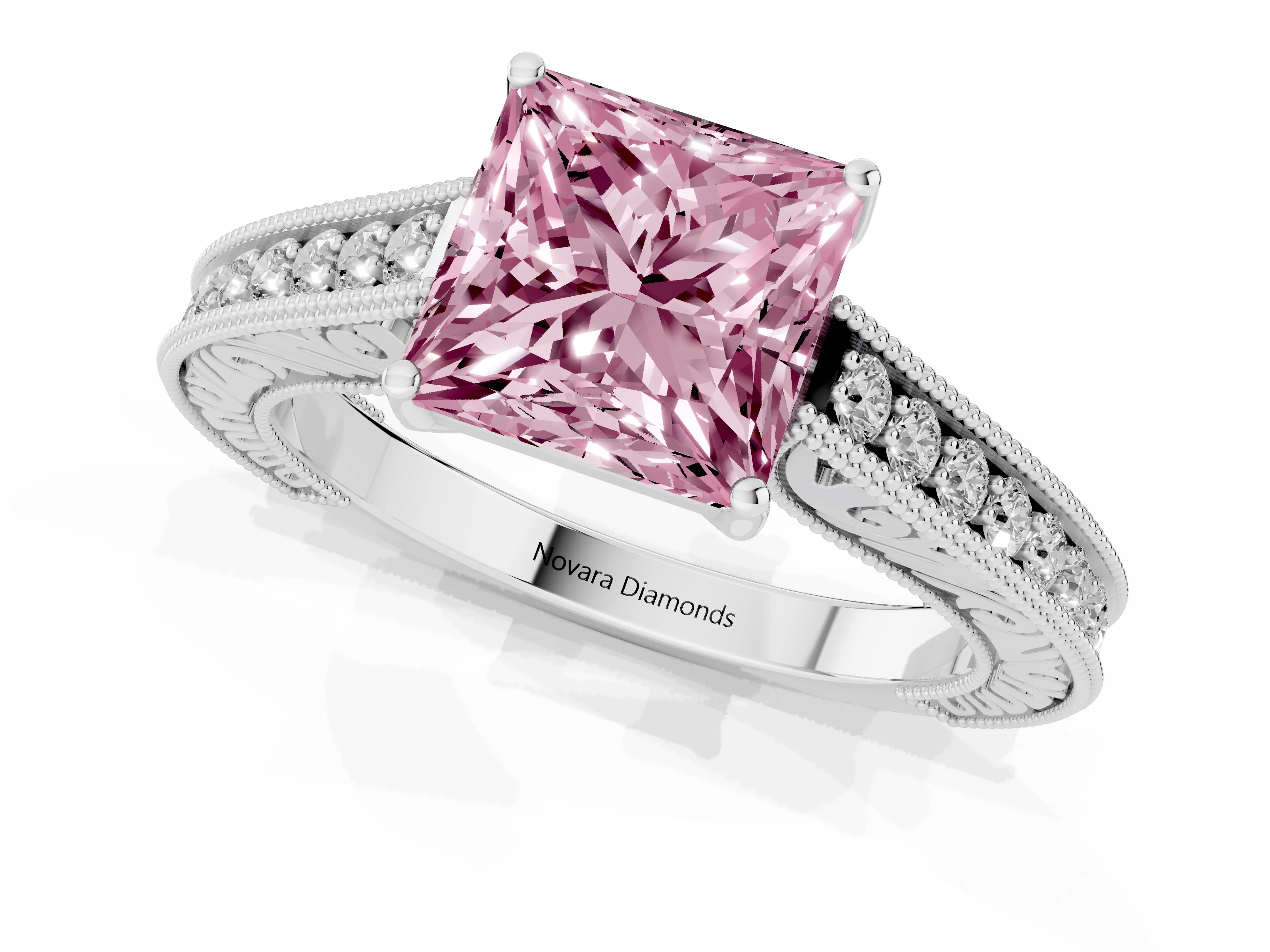 Fancy Pink Princess Cut Diamond Milgrain Pavé Band Solitaire Ring Set in Platinum with Prong Setting
