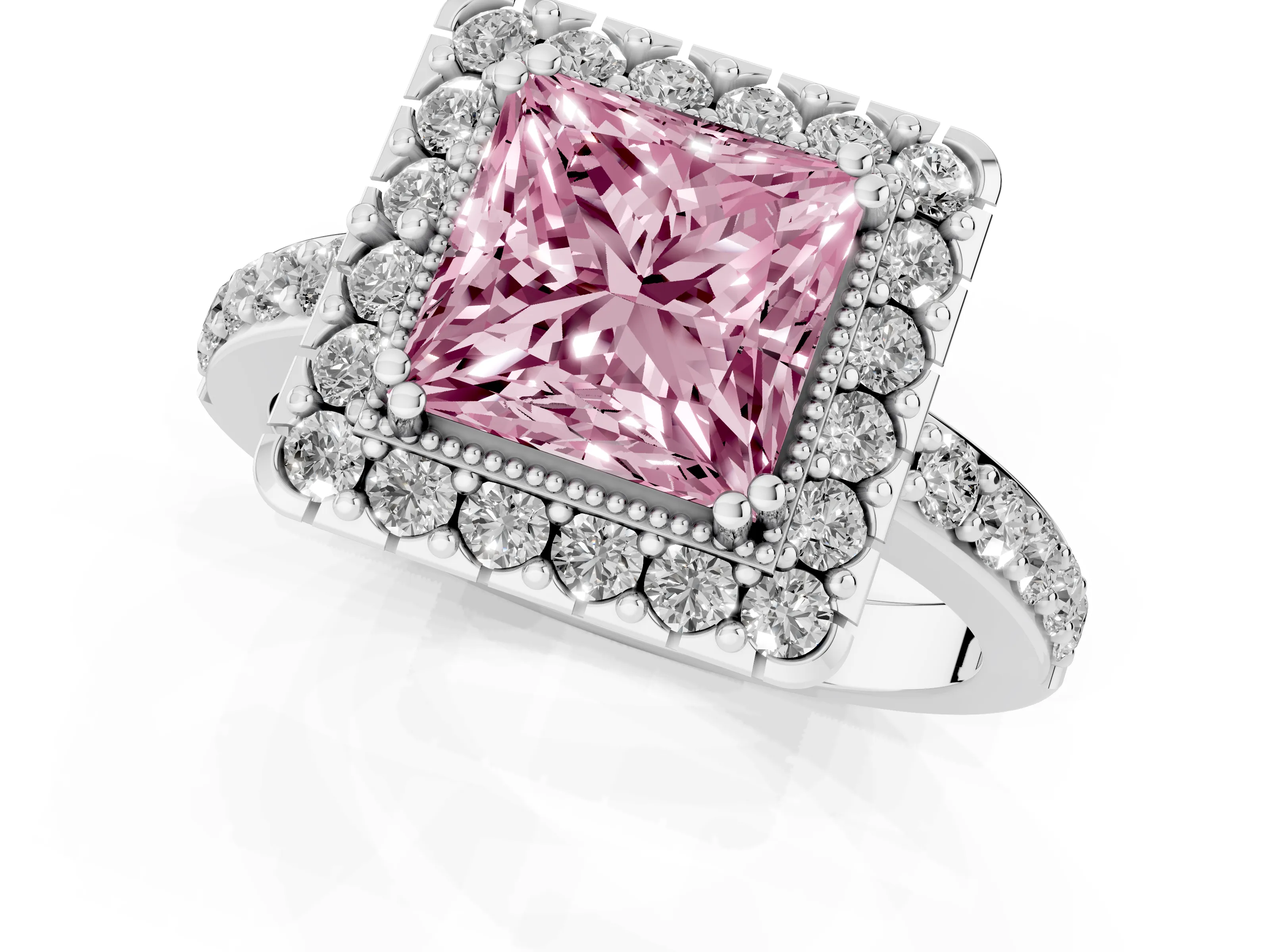 Fancy Pink Princess Cut Diamond Halo Ring Set in Silver with Pavé Shank and Prong Setting
