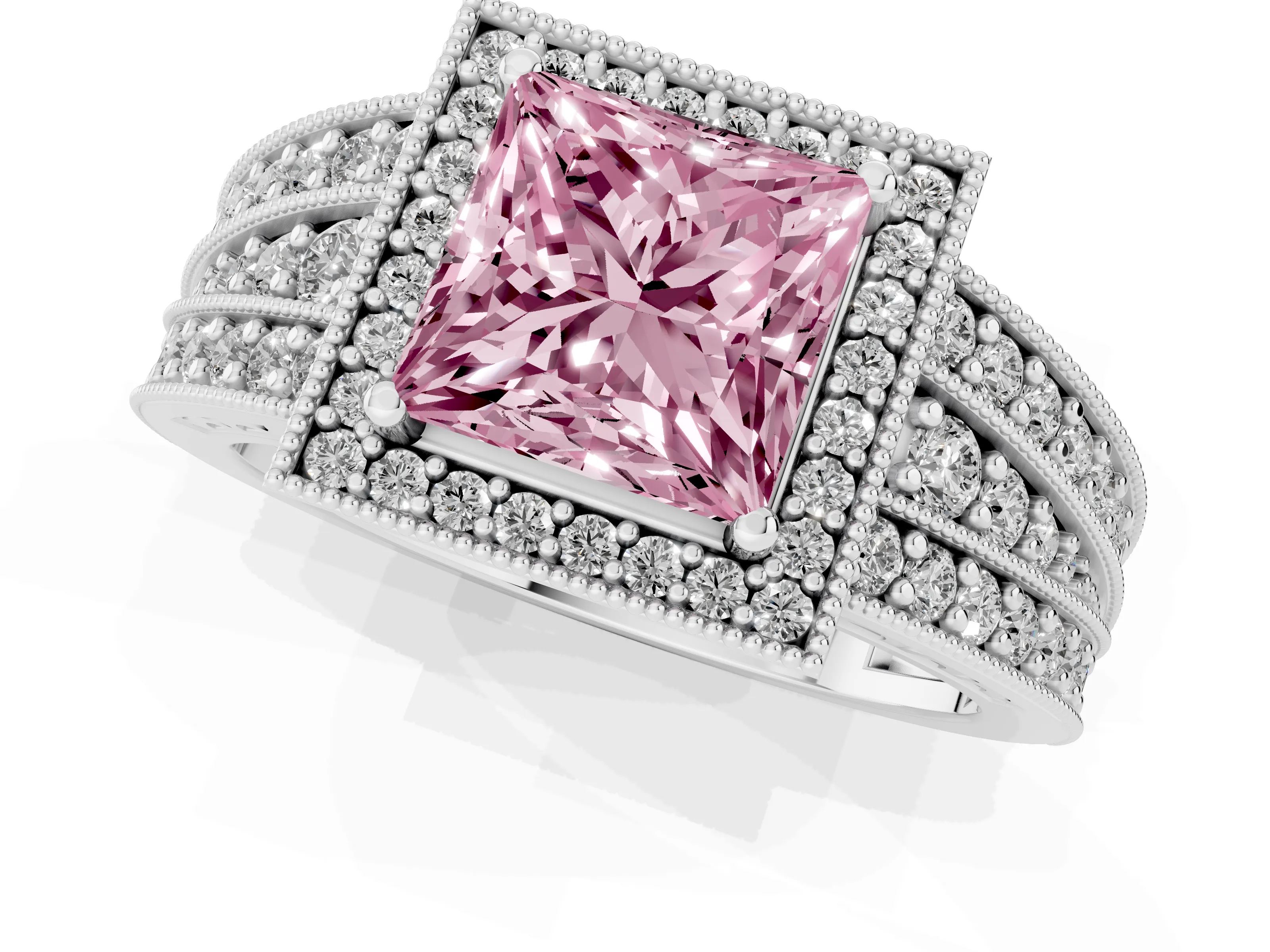 Fancy Pink Princess Cut Diamond Halo Ring Set in Platinum with Accent Split Shank and Prong Setting