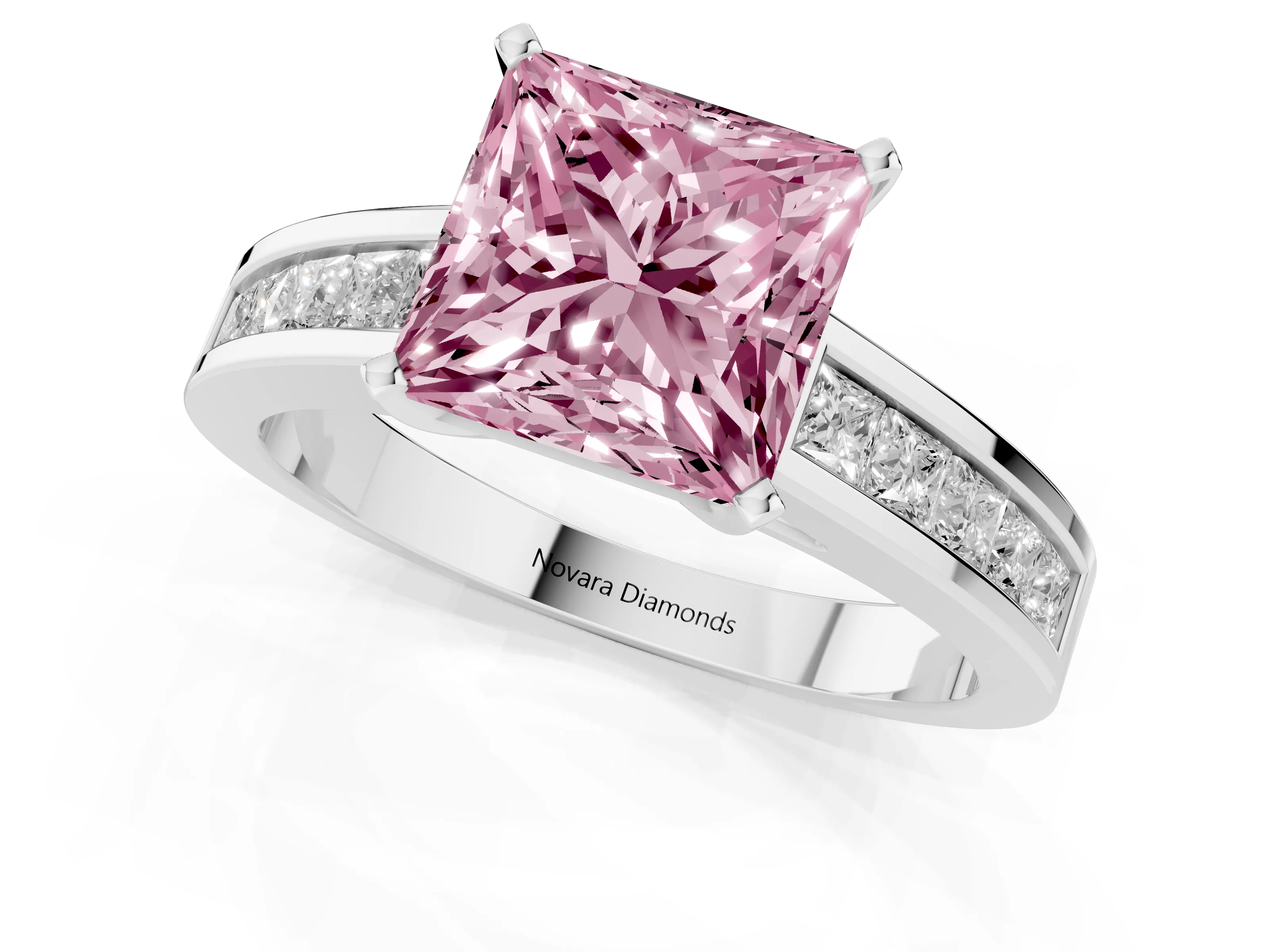 Fancy Pink Princess Cut Diamond Solitaire Ring Set in Silver with Channel-Set Band and Prong Setting