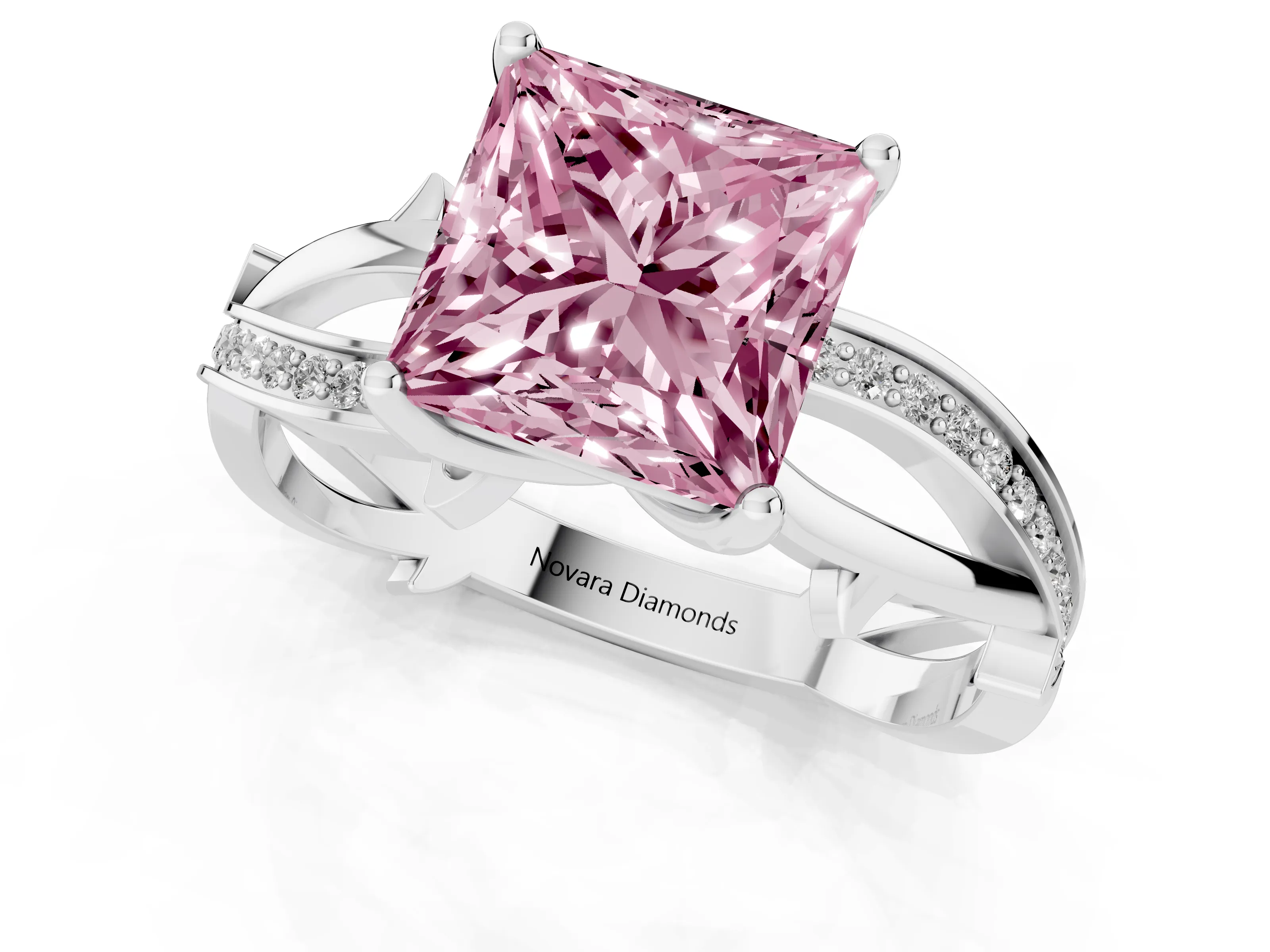 Fancy Pink Princess Cut Diamond Pavé Twist Band Solitaire Ring Set in Silver with Prong Setting