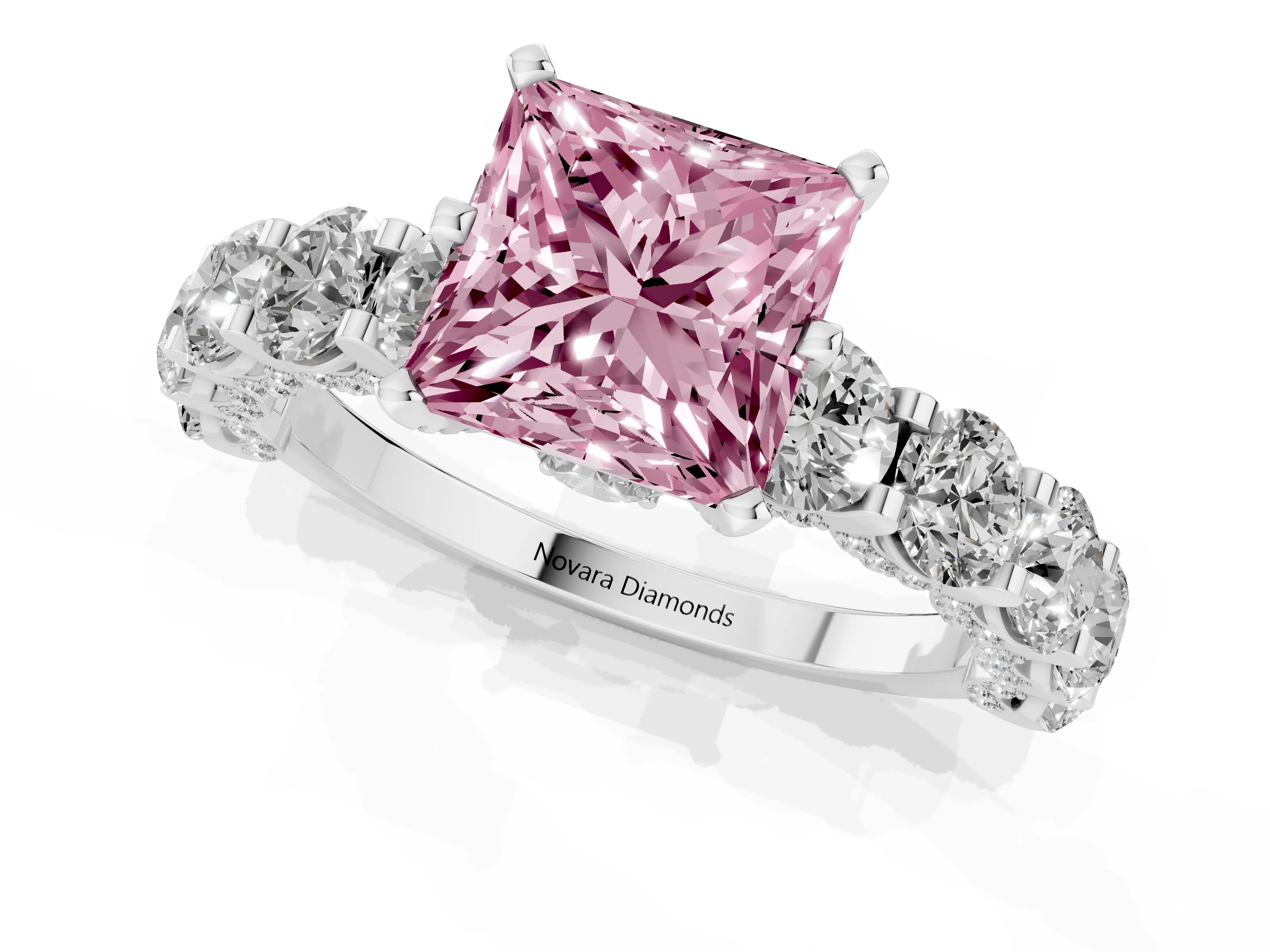 Fancy Pink Princess Cut Diamond Side Stone Ring Set in Silver with Alternating Round and Oval Side Stones