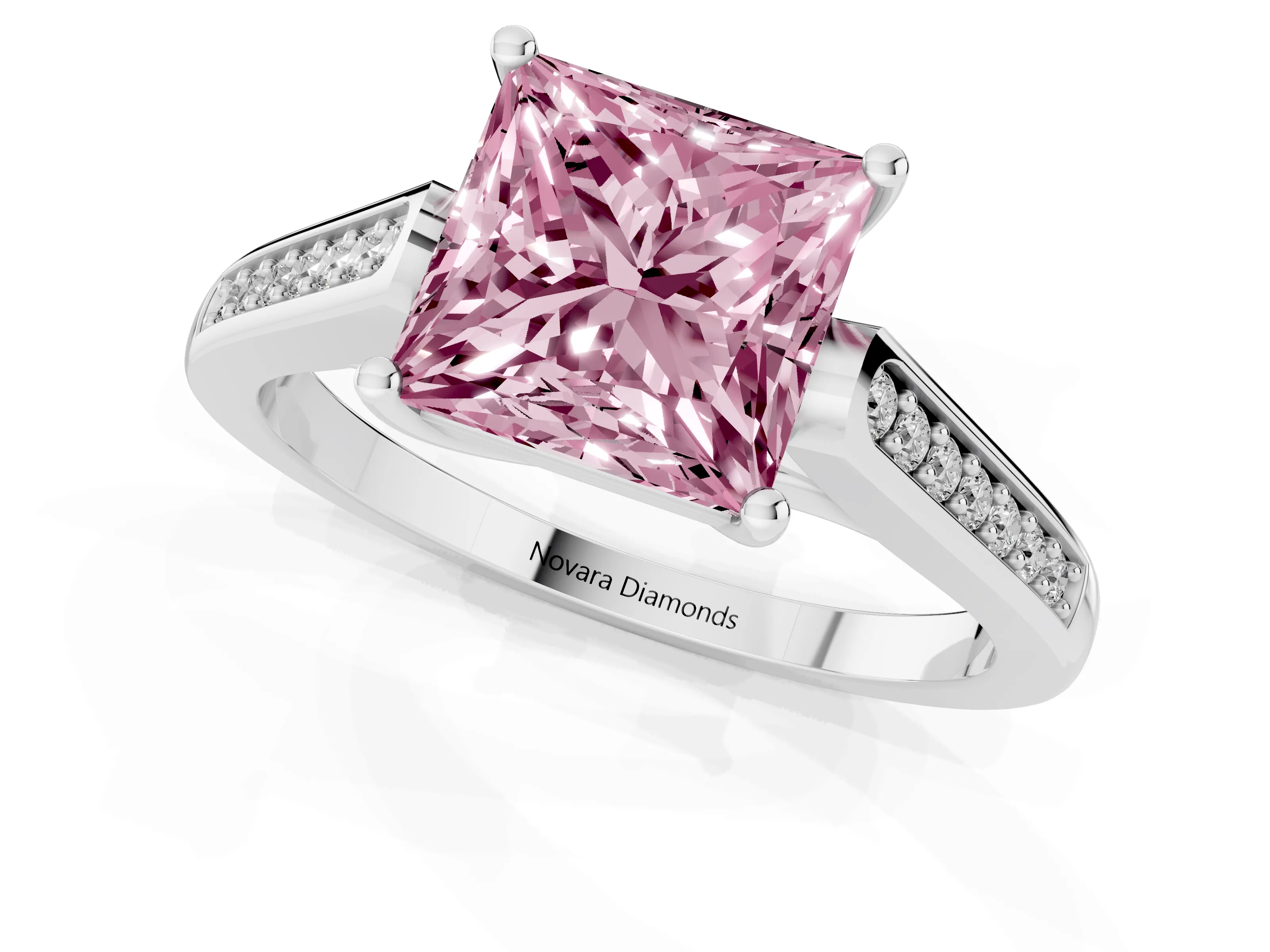 Fancy Pink Princess Cut Diamond Solitaire Cathedral Engagement Ring Set in White gold with Channel-Set Band and Prong Setting