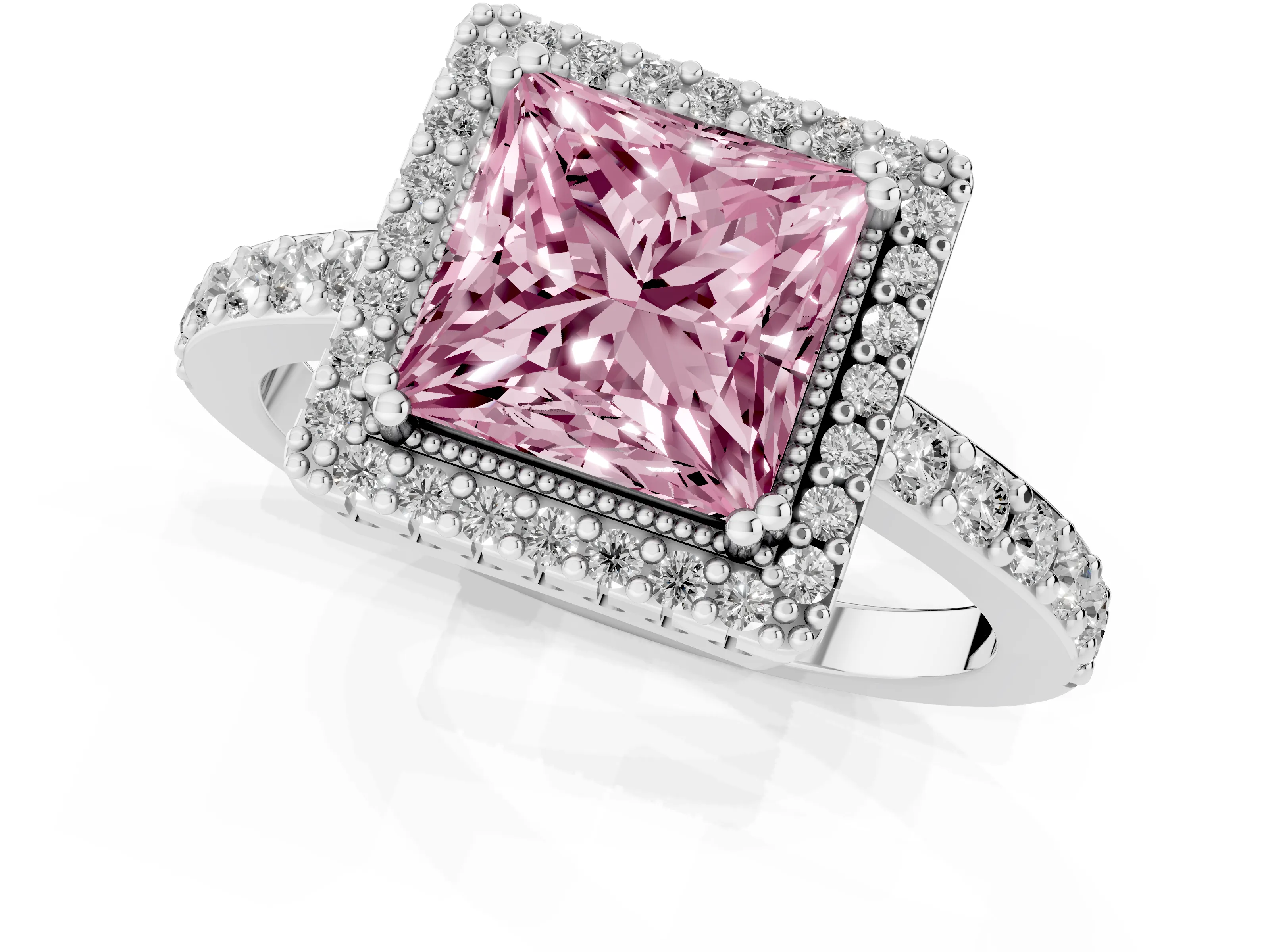 Fancy Pink Princess Cut Diamond Halo Engagement Ring Set in White gold with Milgrain Detail and Pavé Band