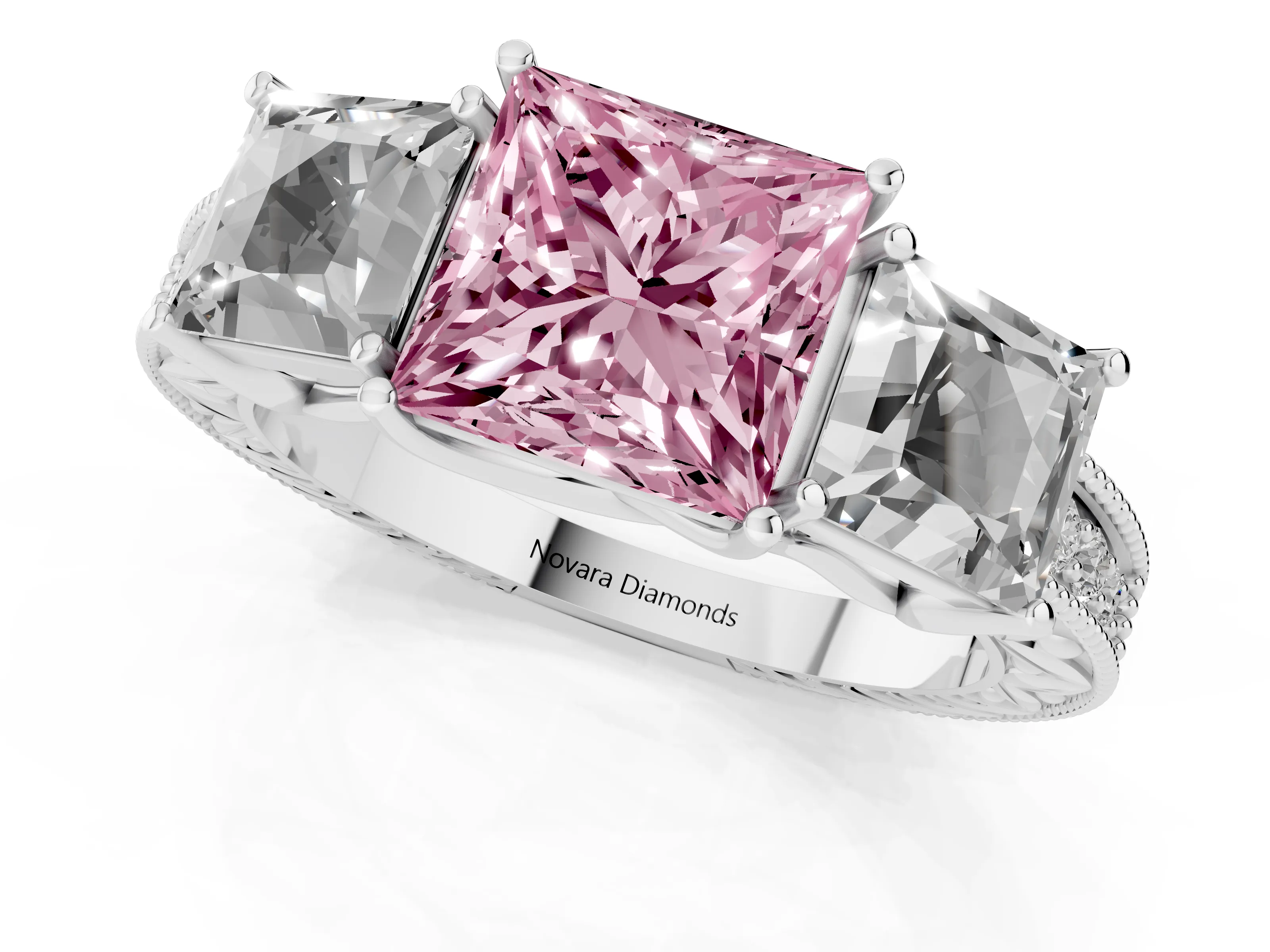 Fancy Pink Princess Cut Diamond Three-Stone Engagement Ring Set in Silver with Milgrain Pavé Band – second view