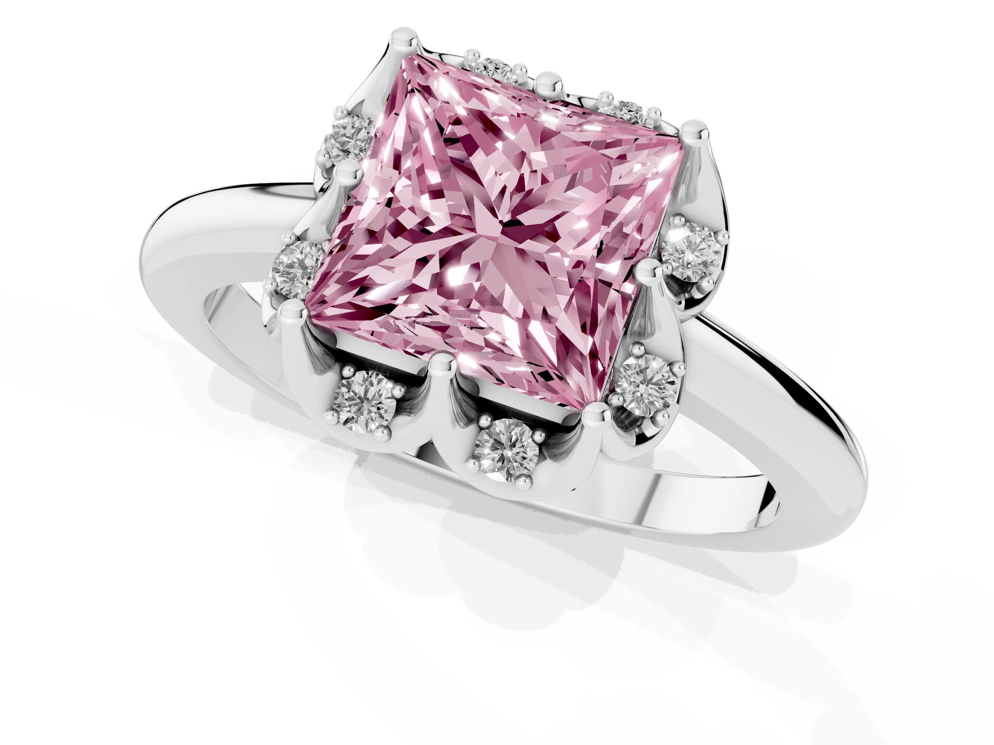 Fancy Pink Princess Cut Diamond Round Cluster Halo Ring Set in Silver with Solitaire Band and Prong Setting