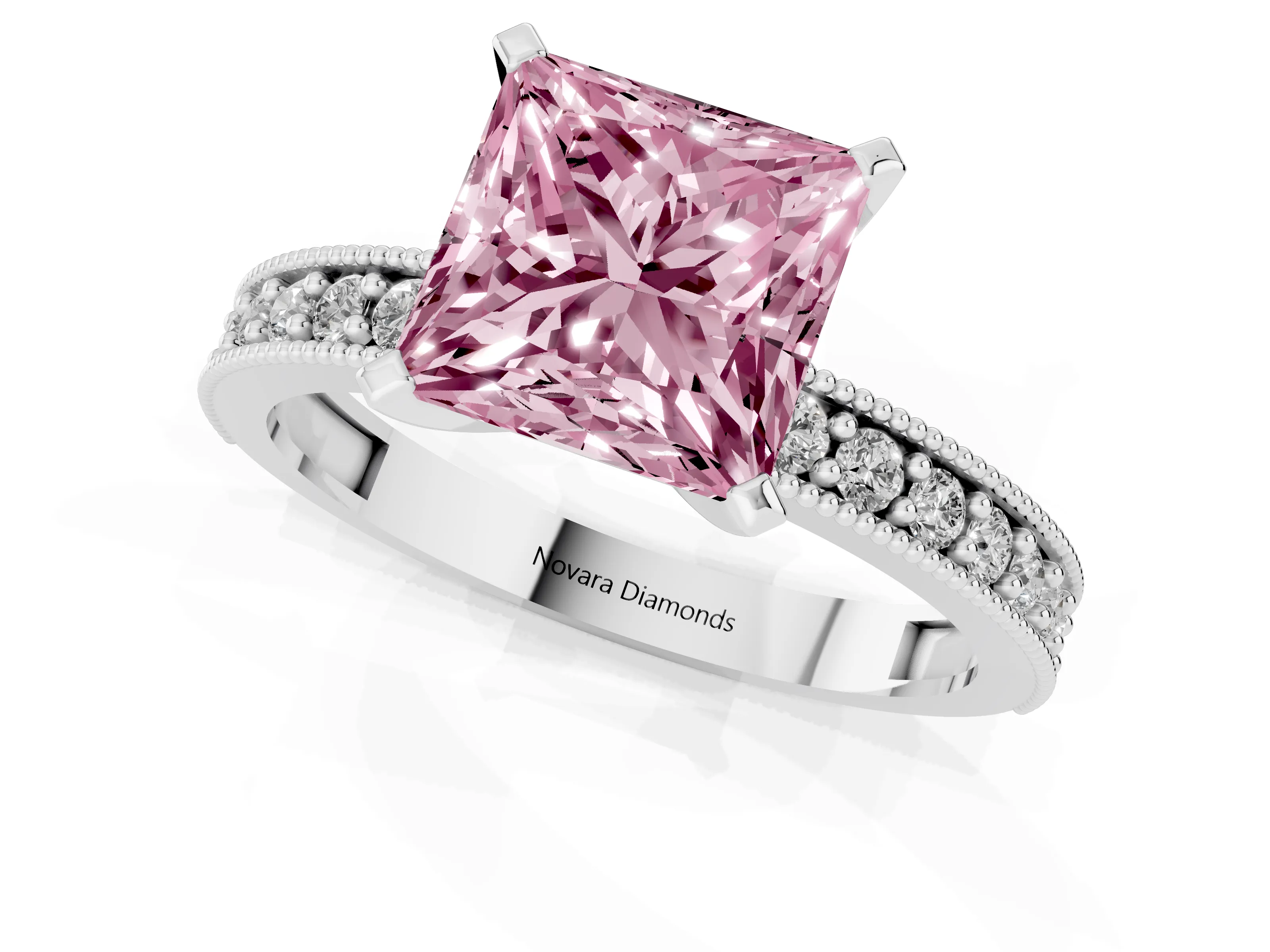 Fancy Pink Princess Cut Diamond Milgrain Pavé Engagement Ring Set in Silver with Prong Setting