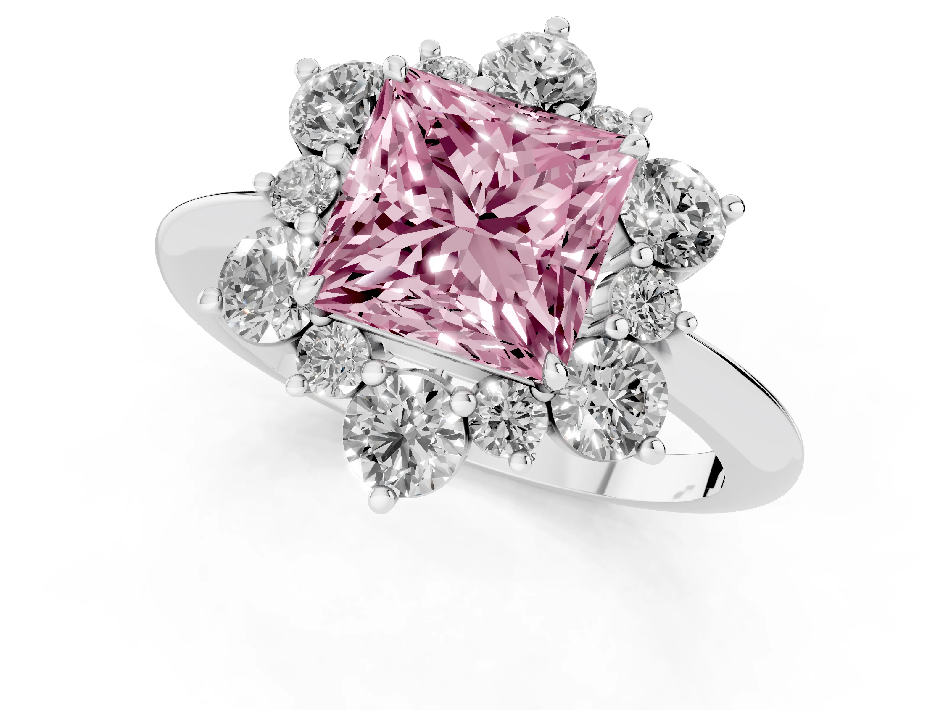Fancy Pink Princess Cut Diamond Cluster Halo Ring Set in Silver with Solitaire Band and Prong Setting
