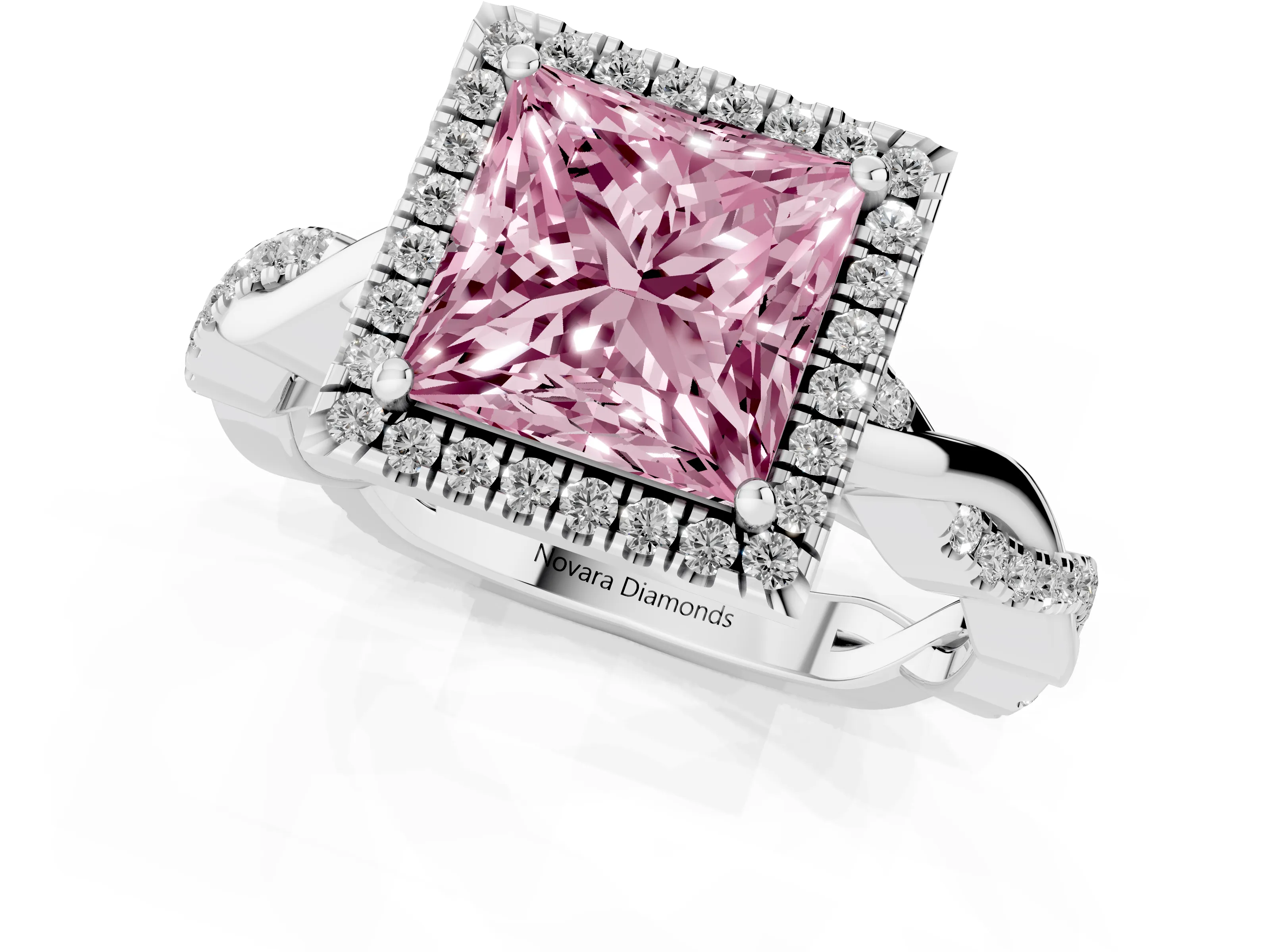 Fancy Pink Princess Cut Diamond Halo Twisted Band Ring Set in White gold with Prong Setting