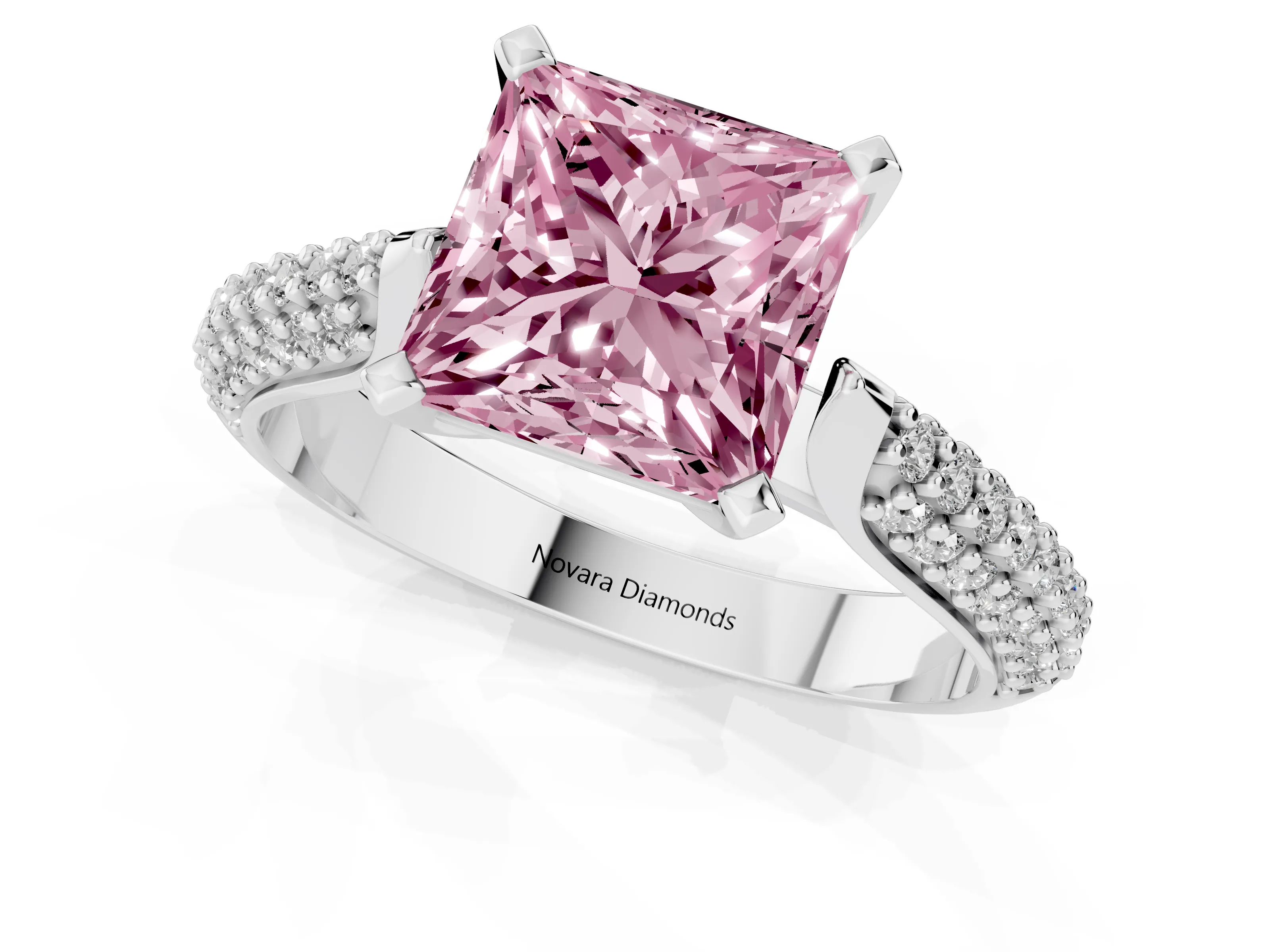 Fancy Pink Princess Cut Diamond Solitaire Engagement Ring Set in Platinum with Multi-Row Round Pavé Band and Prong Setting