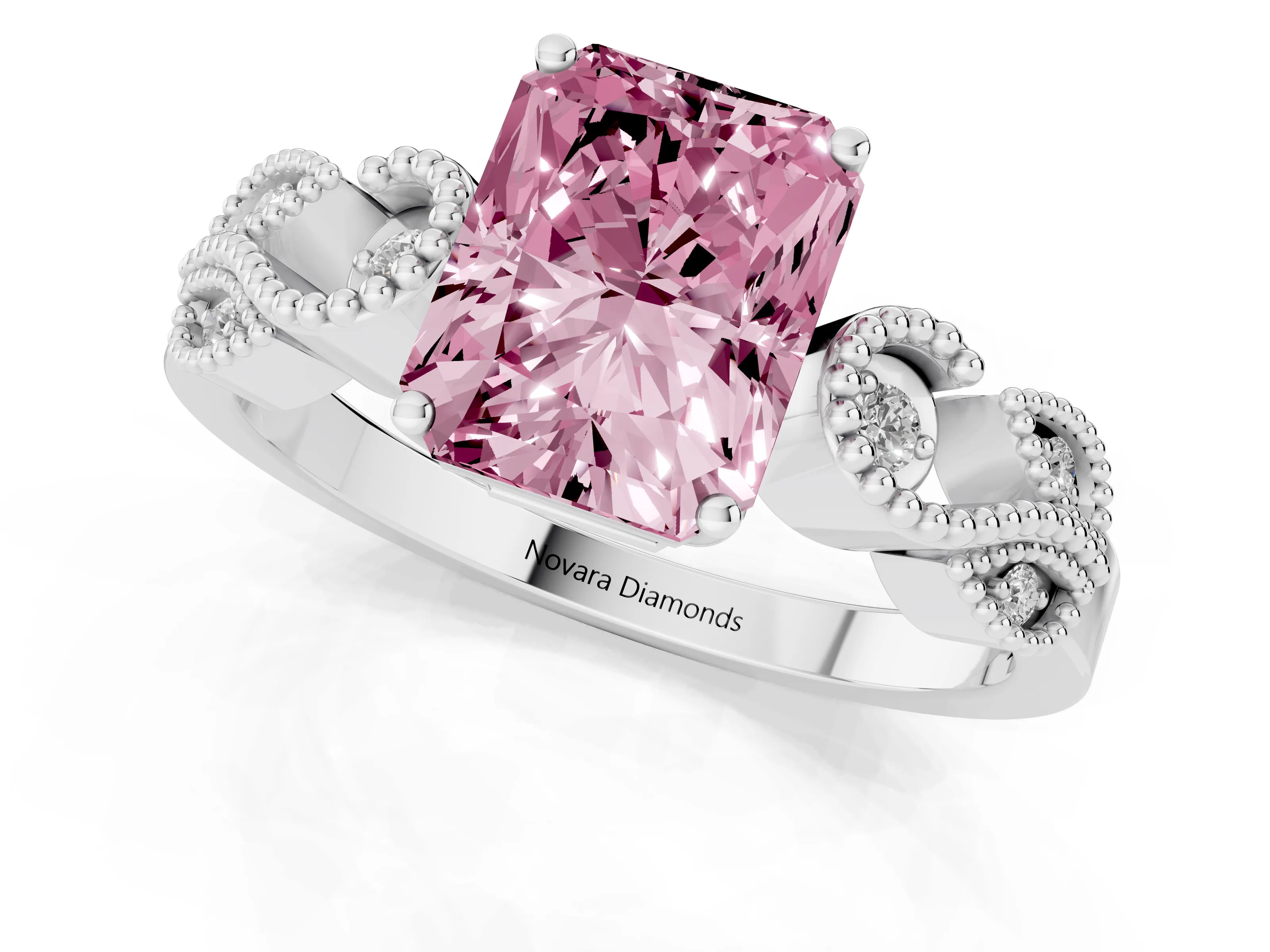 Fancy Pink Princess Cut Diamond Milgrain Leaf Band Solitaire Ring Set in Silver with Accent Stones and Prong Setting