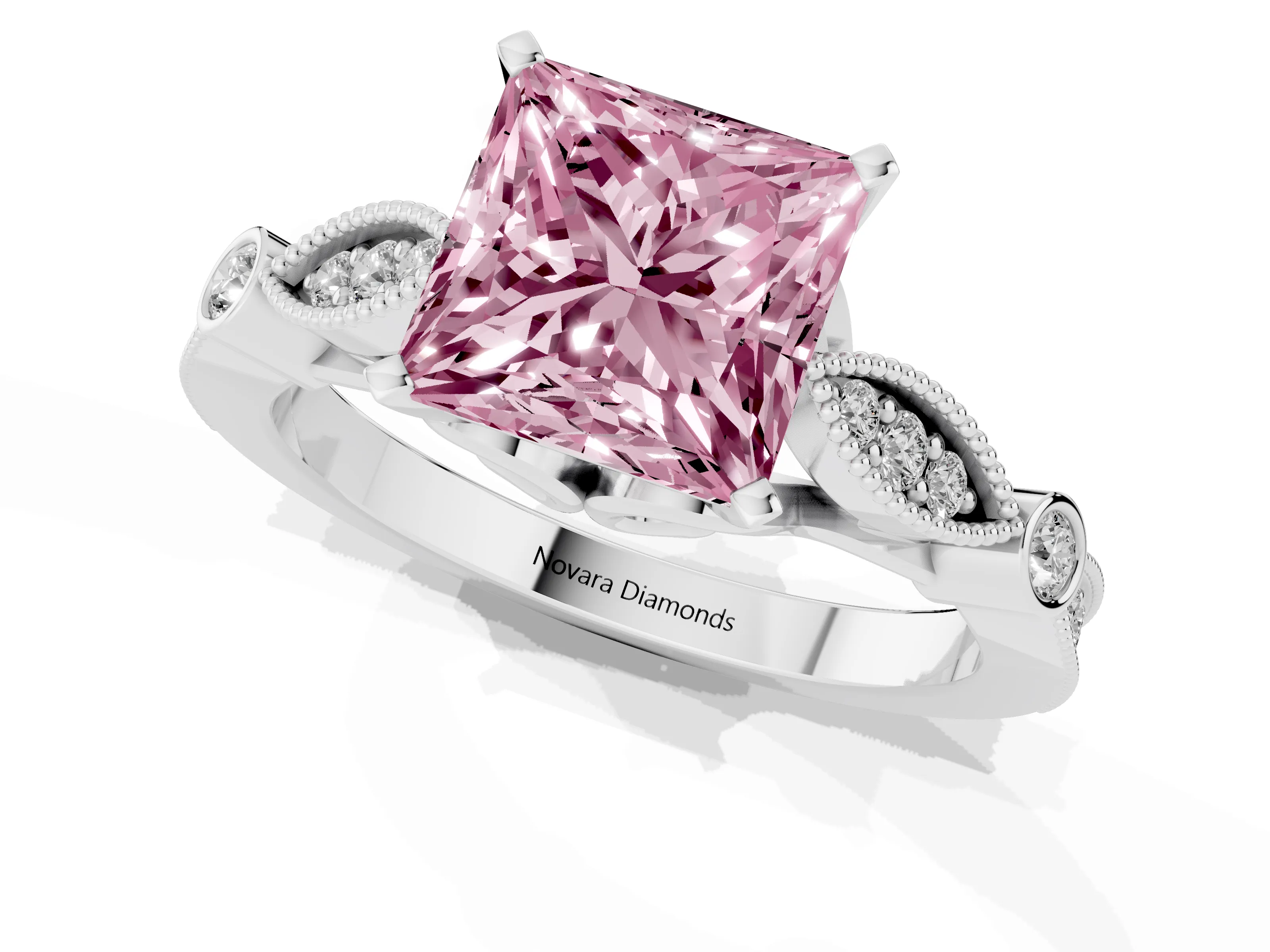 Fancy Pink Princess Cut Diamond Solitaire Ring Set in Platinum with Milgrain Marquise and Bezel Accents
