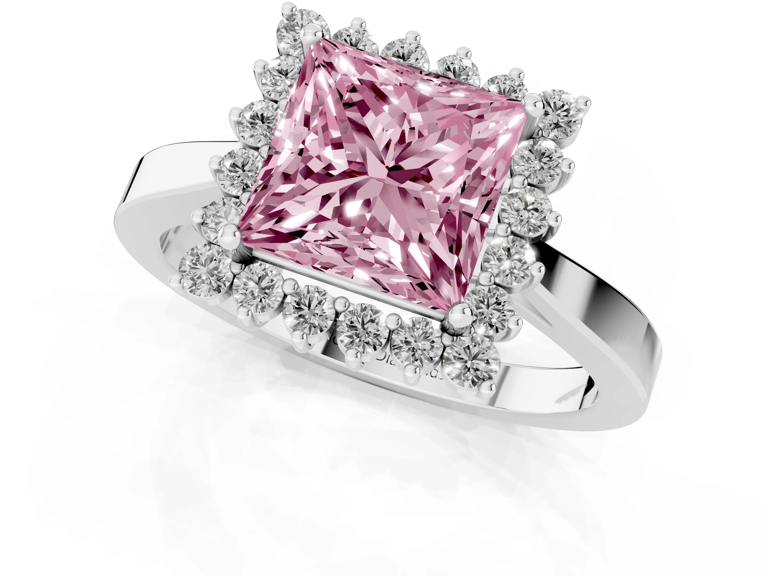 Fancy Pink Princess Cut Diamond Halo Ring Set in White gold with Round Halo and Smooth Solitaire Band