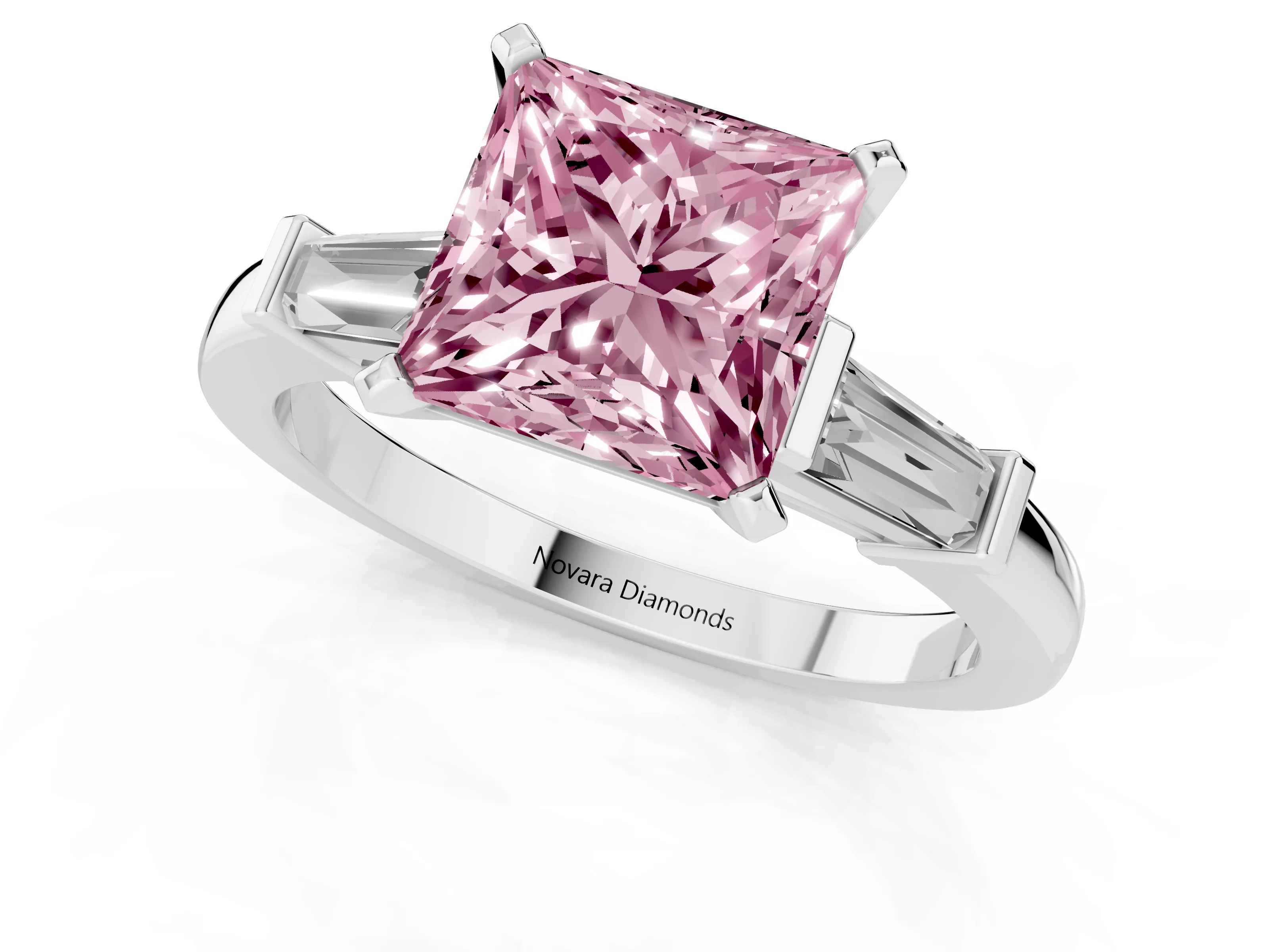 Fancy Pink Princess Cut Diamond Solitaire Ring Set in White gold with Tapered Baguette Accents and Prong Setting