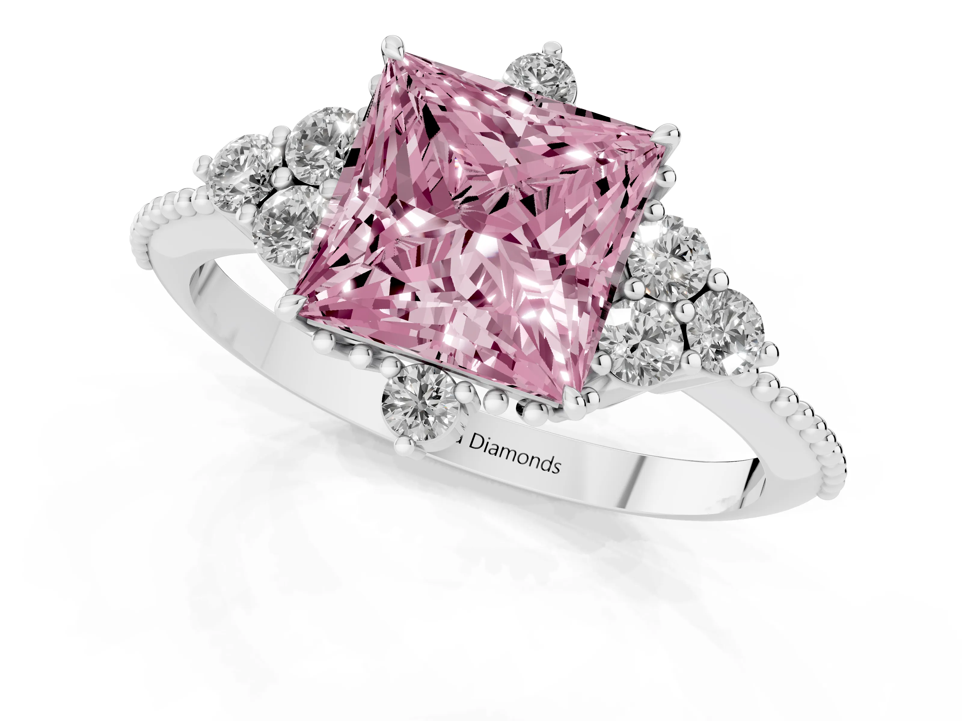Fancy Pink Princess Cut Diamond Cluster Ring Set in Silver with Beaded Band