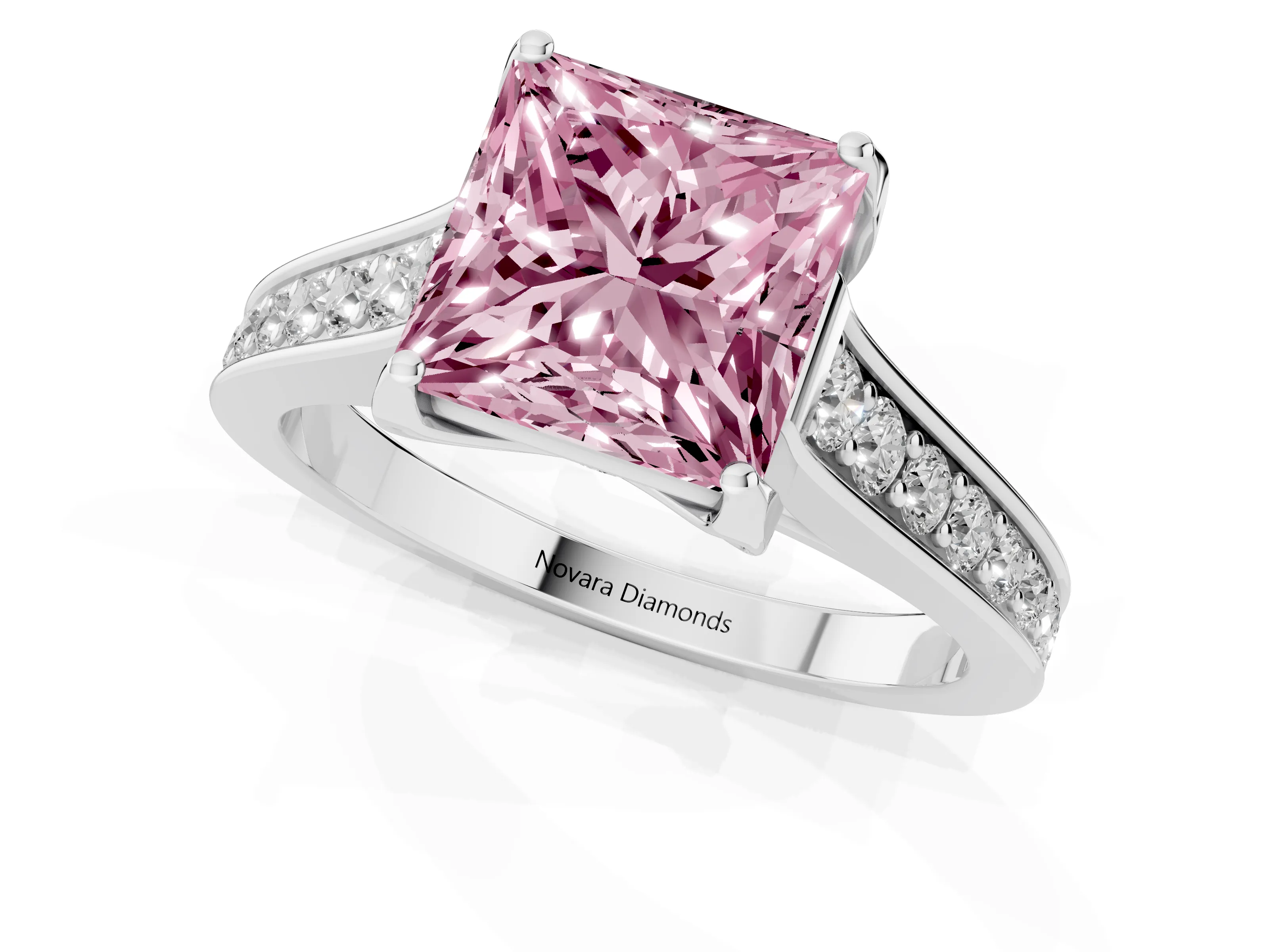 Fancy Pink Princess Cut Diamond Solitaire Pavé Engagement Ring Set in Platinum with Prong Setting