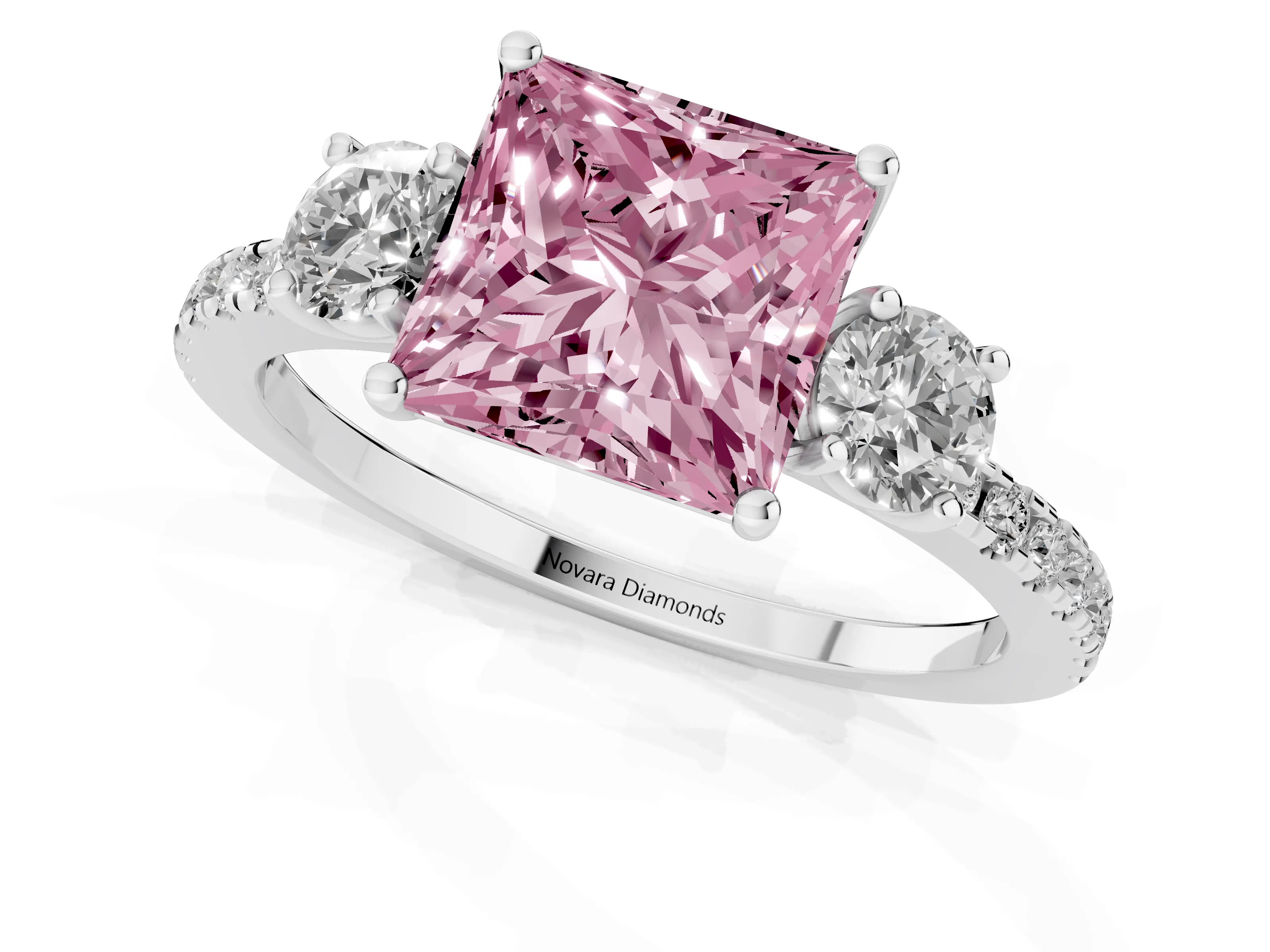 Fancy Pink Princess Cut Diamond Three-Stone Ring Set in White gold with Pavé Band and Graduated Sides – second view