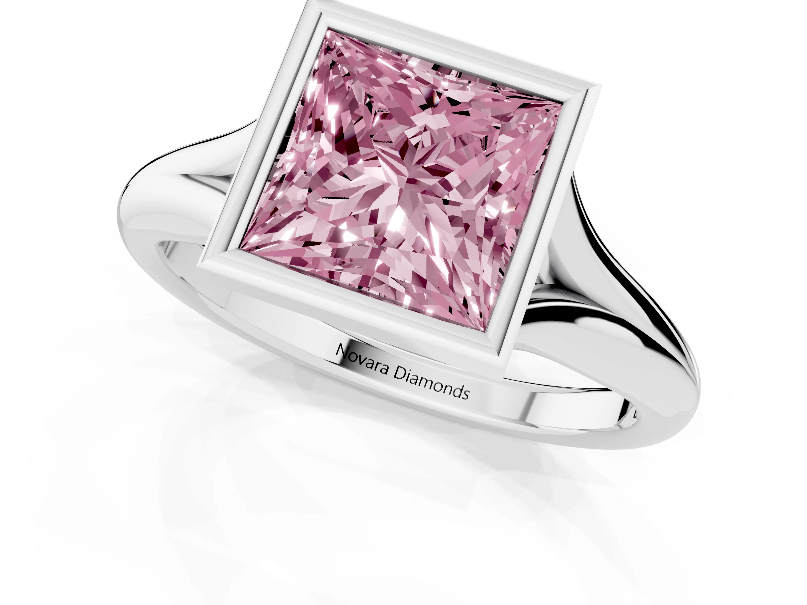 Fancy Pink Bezel Set Princess Cut Diamond Solitaire Ring Set in White gold with Smooth Band