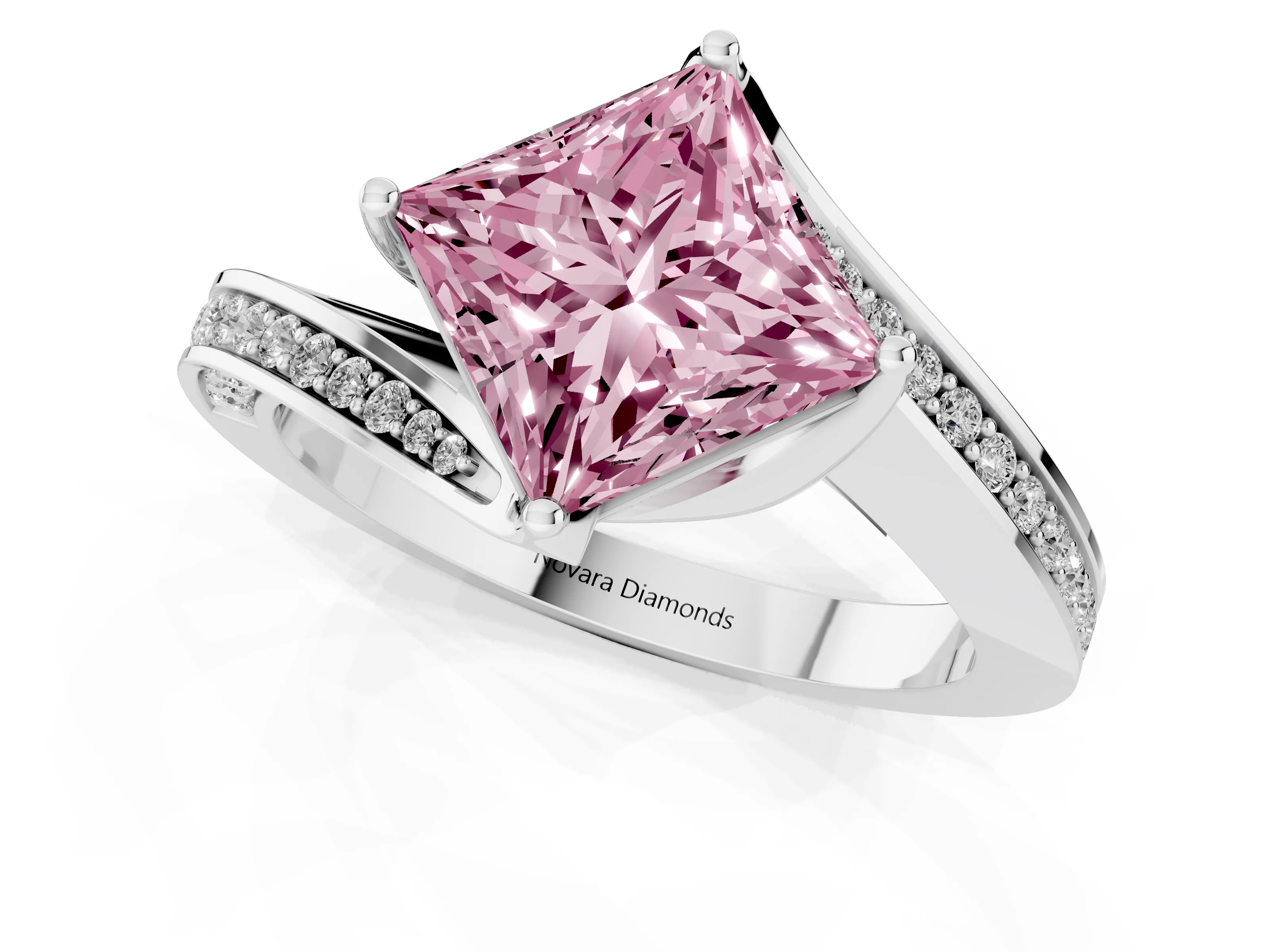 Fancy Pink Princess Cut Diamond Solitaire Ring Set in Silver with Intertwined Pavé Twist Band