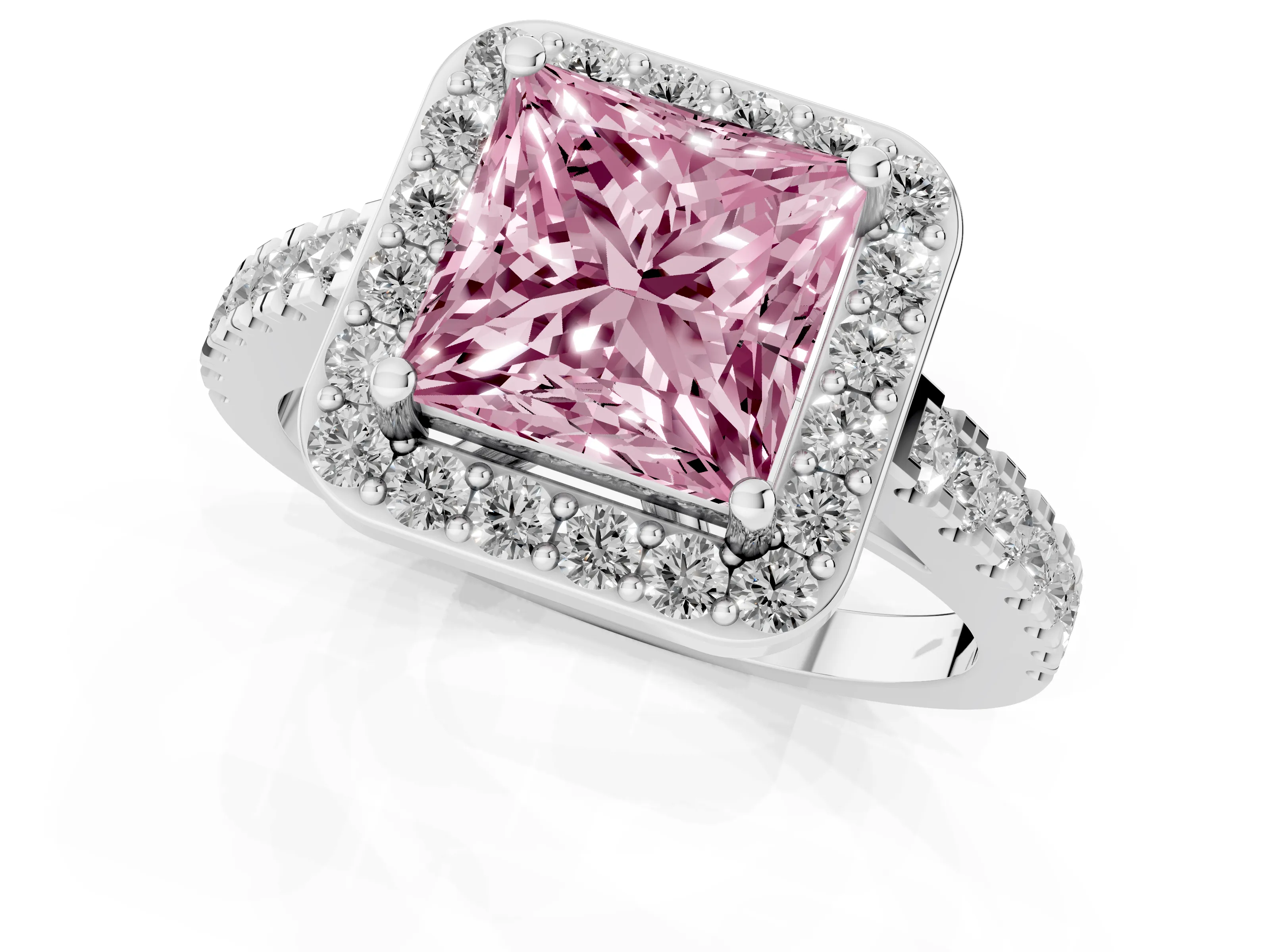 Fancy Pink Princess Cut Diamond Halo Ring Set in White gold with Round Pavé Split Shank and Prong Setting