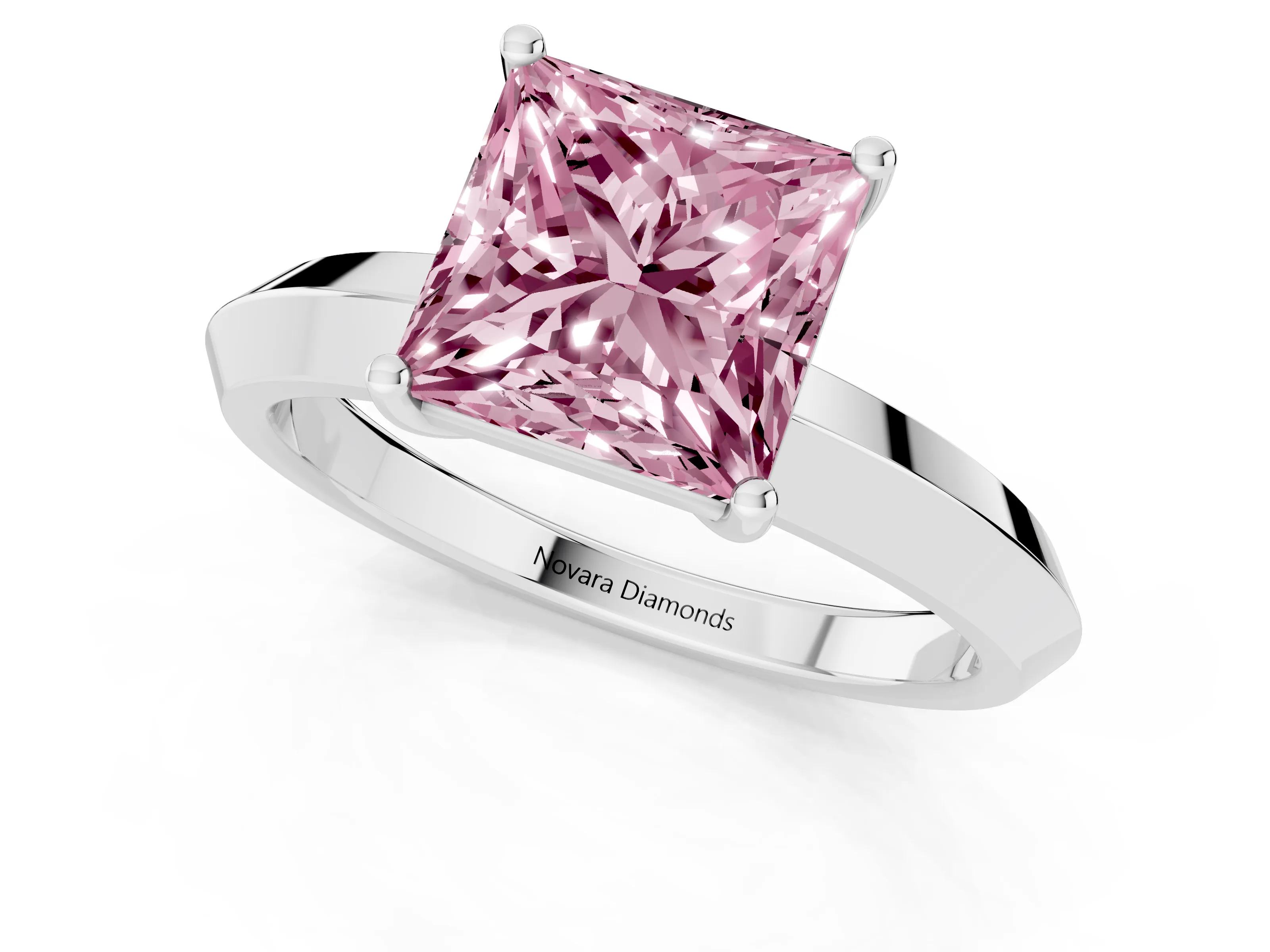 Fancy Pink Princess Cut Diamond Solitaire Engagement Ring Set in Silver with Flat Band and Prong Setting