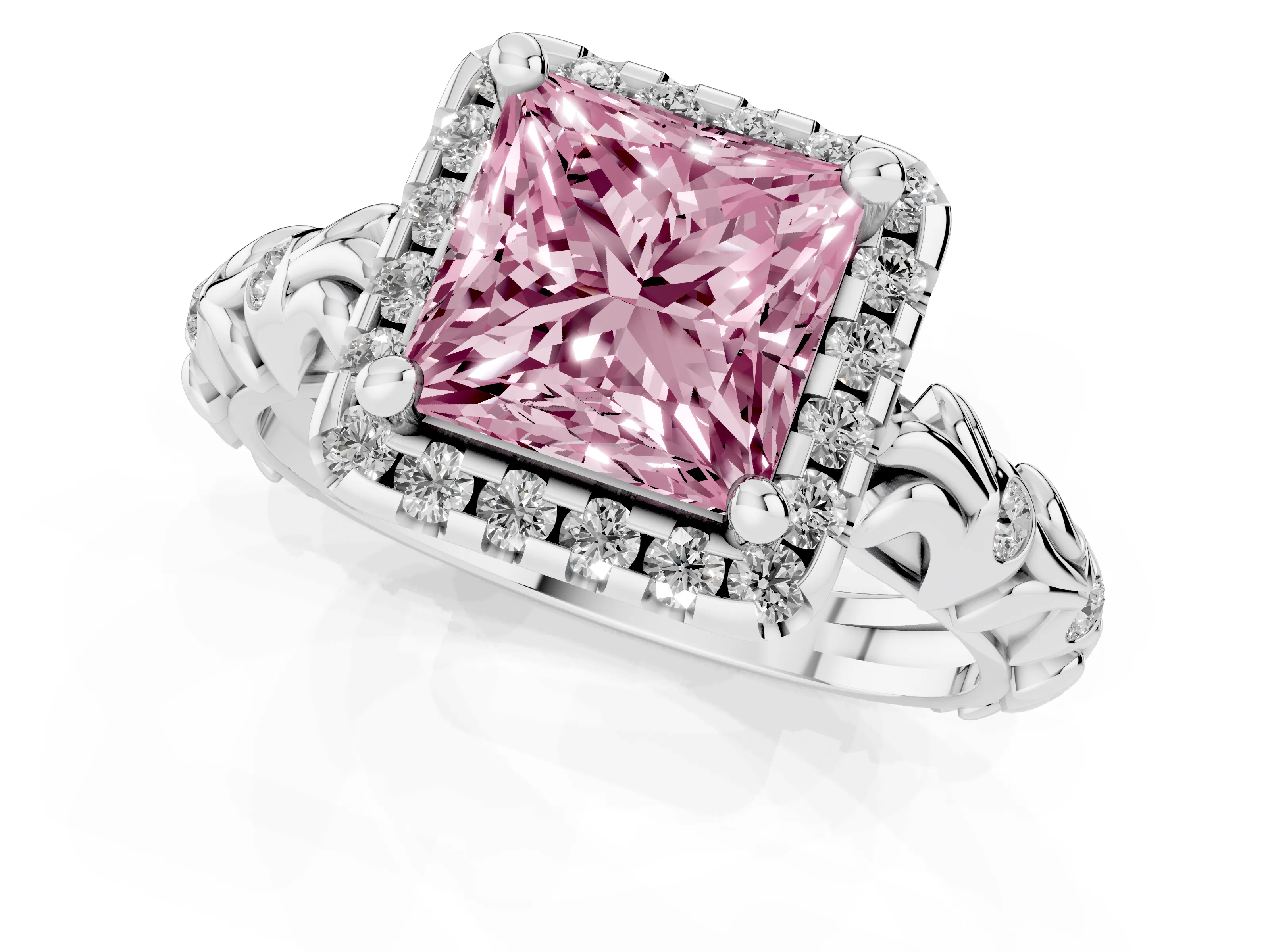 Fancy Pink Princess Cut Diamond Halo Ring Set in Silver with Filigree Leaf Band and Prong Setting