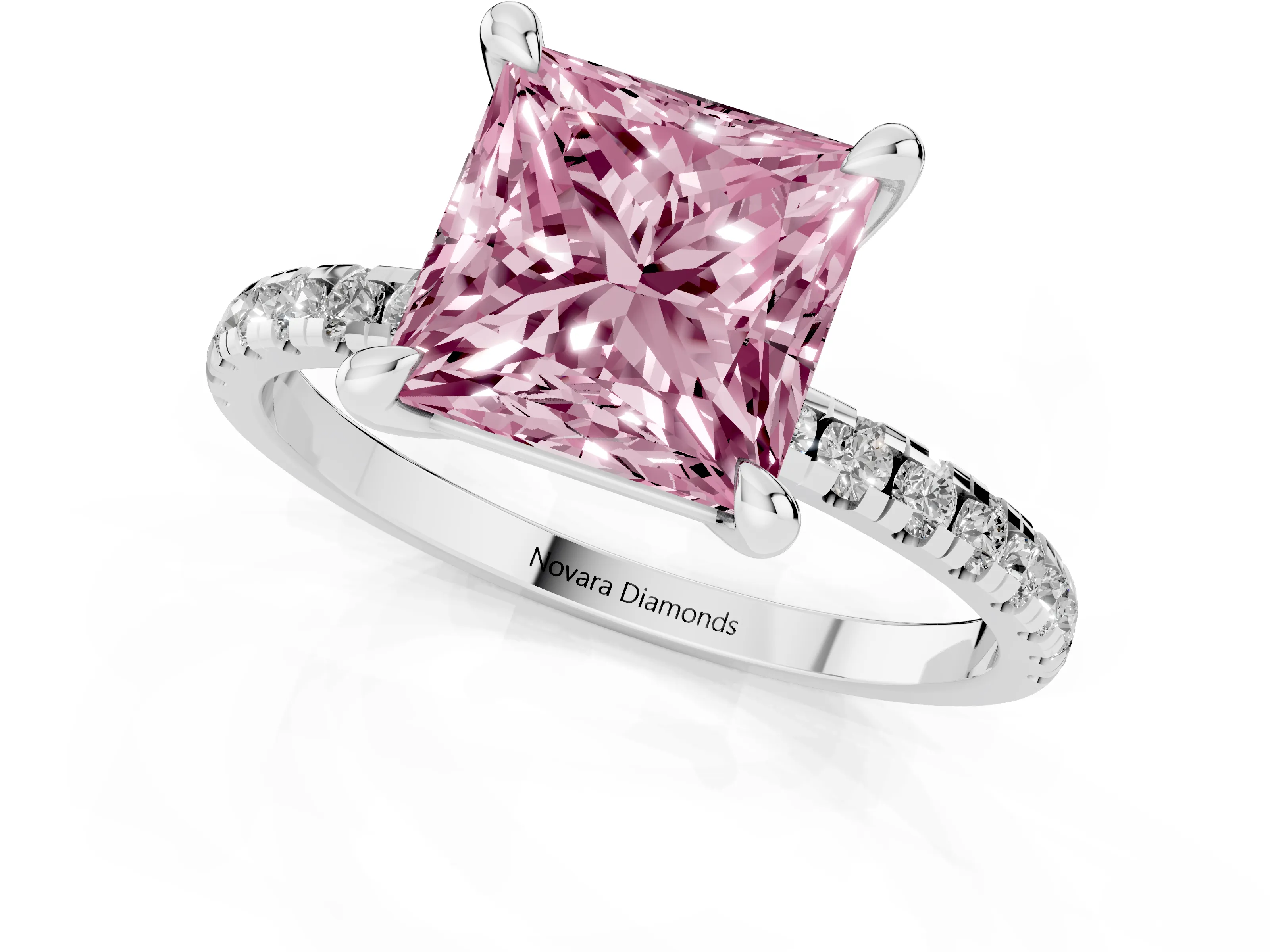 Fancy Pink Princess Cut Diamond Brilliant Solitaire Ring Set in Silver with Pavé Band and Prong Setting