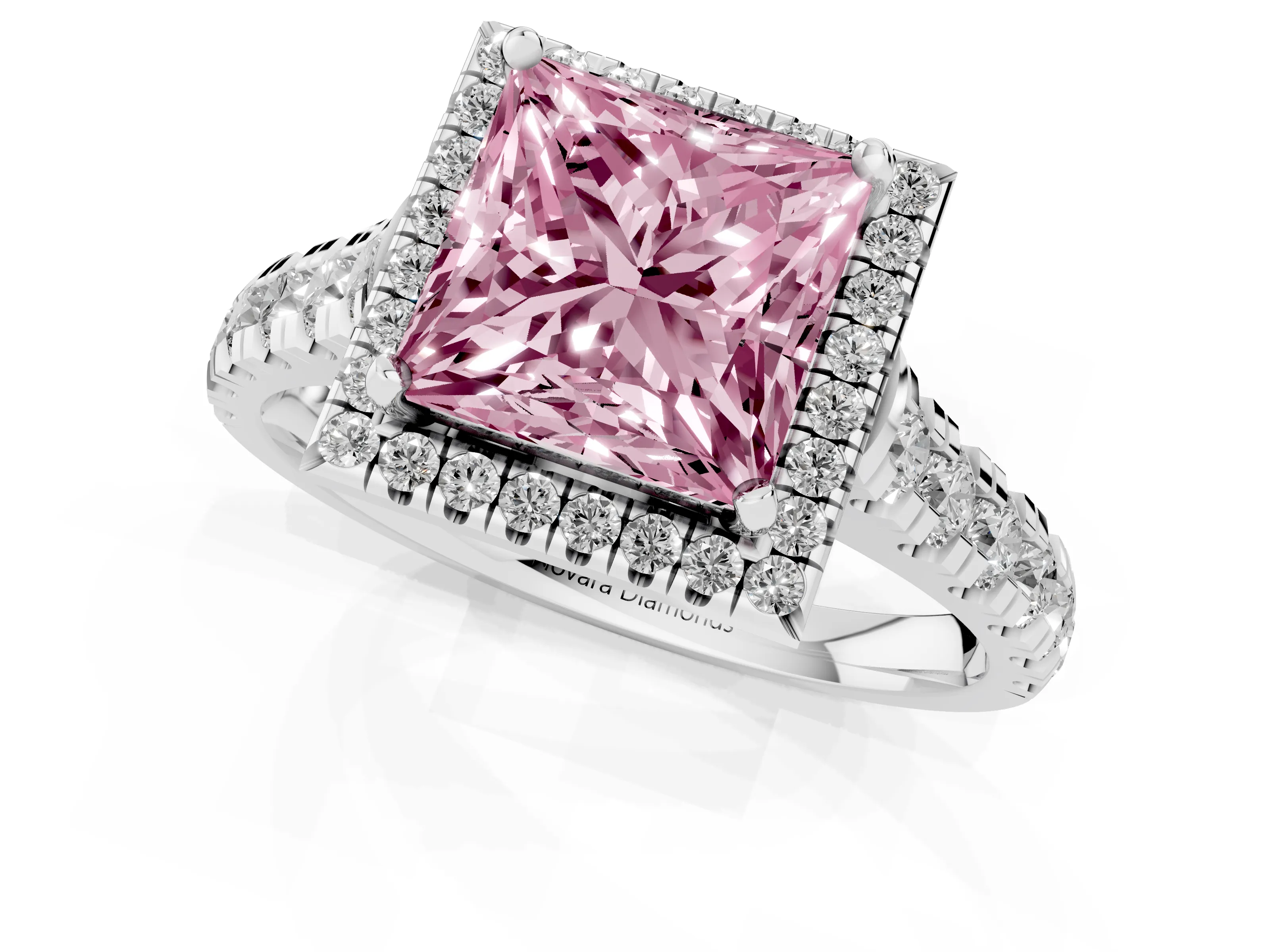 Fancy Pink Princess Cut Diamond Halo Engagement Ring Set in Platinum with Pavé Band and Prong-Set Center