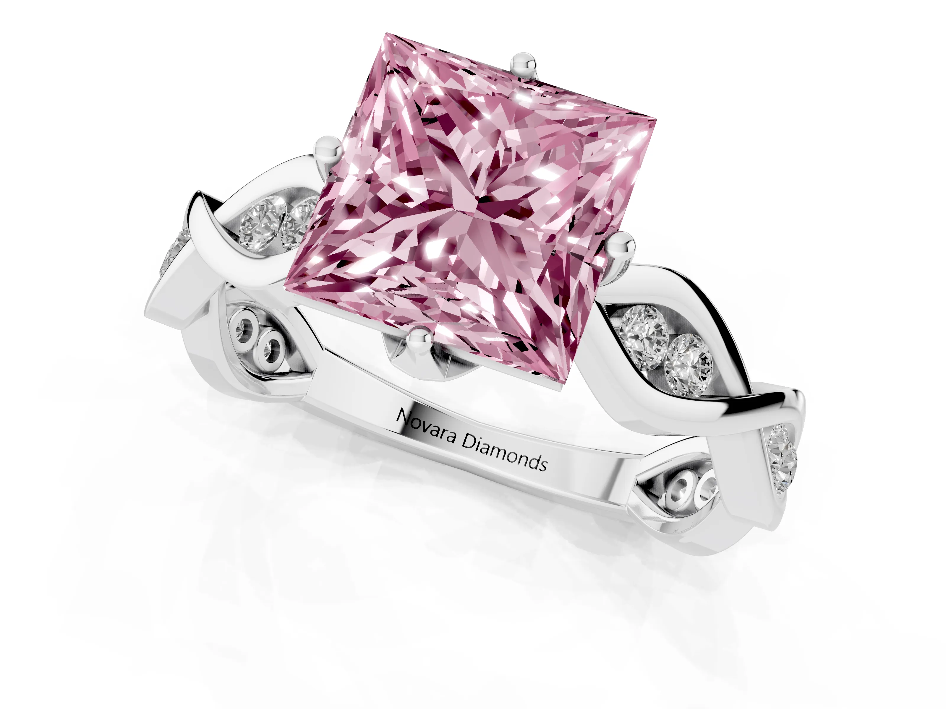 Fancy Pink Princess Cut Diamond Twist Band Solitaire Ring Set in Silver with Leaf Prong Setting and Accent Stones